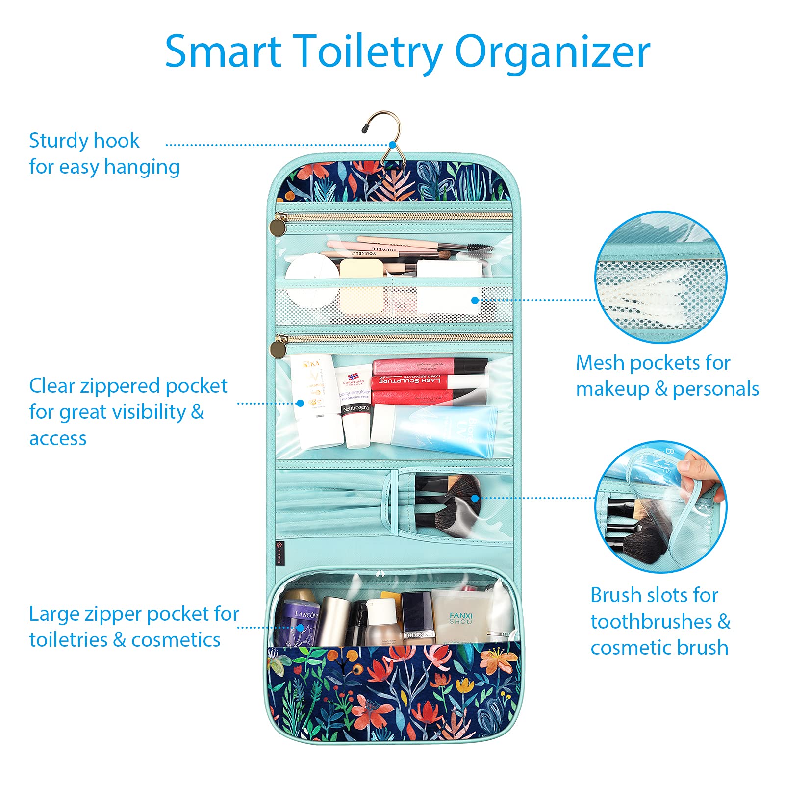 Fintie Portable Toiletry Cosmetic Travel Bag, Large Water Resistant Hanging Makeup Organizer Storage Pouch Case for Women Girls (Jungle Night)