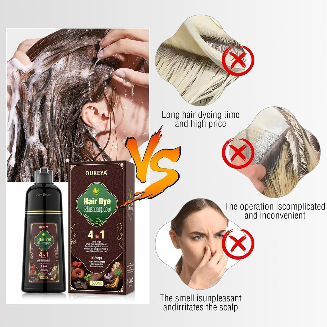 OUKEYA Dark Brown Hair Dye Shampoo 4 In 1, Hair Color Shampoo for Gray Hair Coverage for Women & Men, Instant Natural Herbal Ingredients Color Shampoo Hair Dye, Professional Salon-Level Treatments