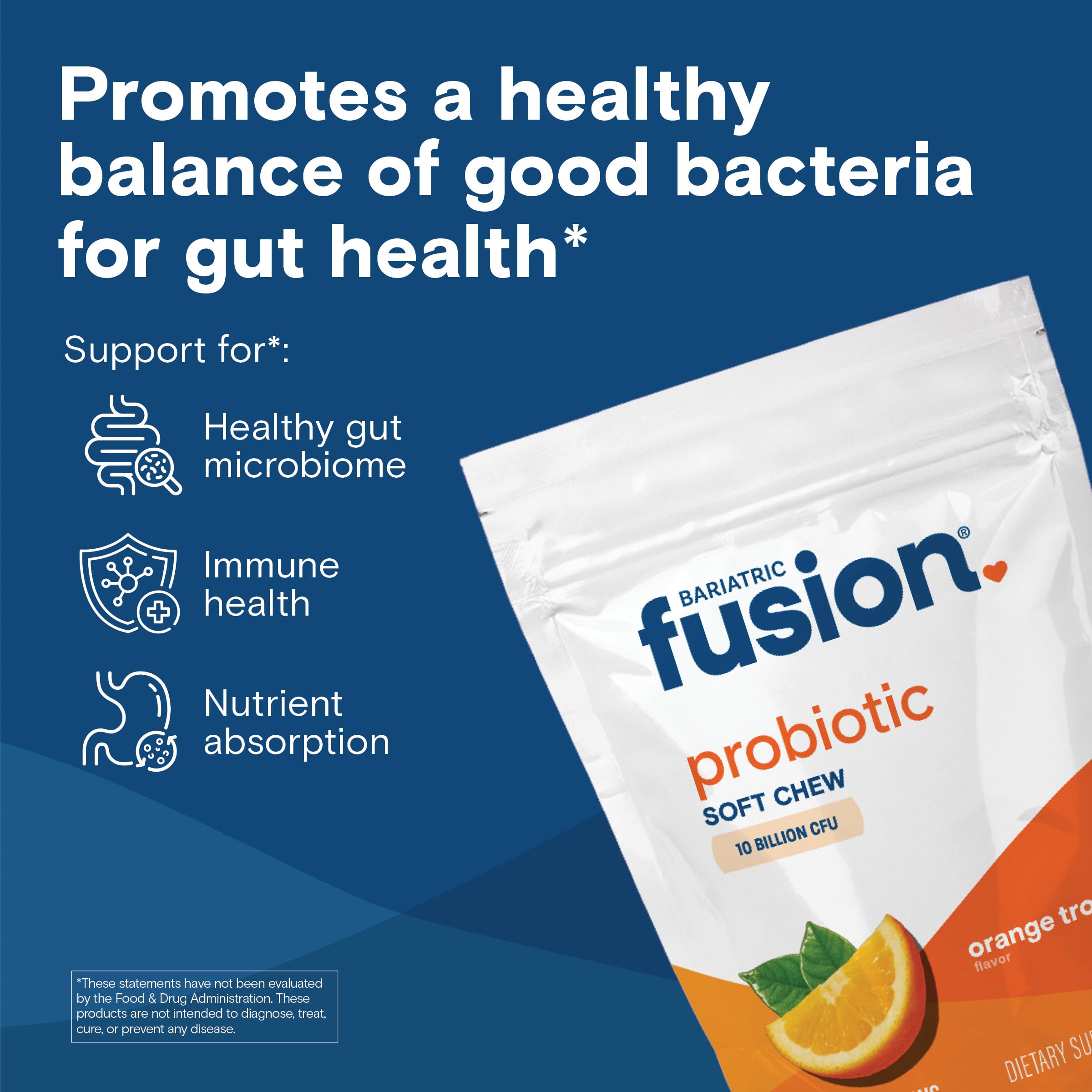 Bariatric Fusion Bariatric Probiotic Soft Chews | Orange Tropical Flavor Chewy Bariatric Vitamin | Bacillus Coagulans 10 Billion CFU Chewable Probiotic | Support Digestive & Immune Health | 60 Count