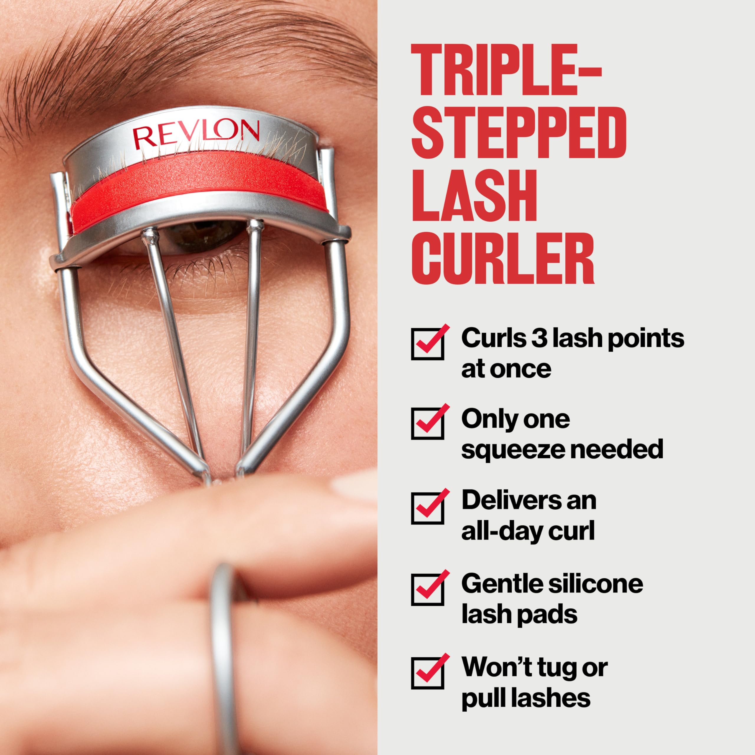 Revlon Triple-Stepped Lash Curler, Eyelash Lift For a Super-Curled Look in One Squeeze, 3-Tiered Pads for Gentle, Tug-Free Curling, 1 Count