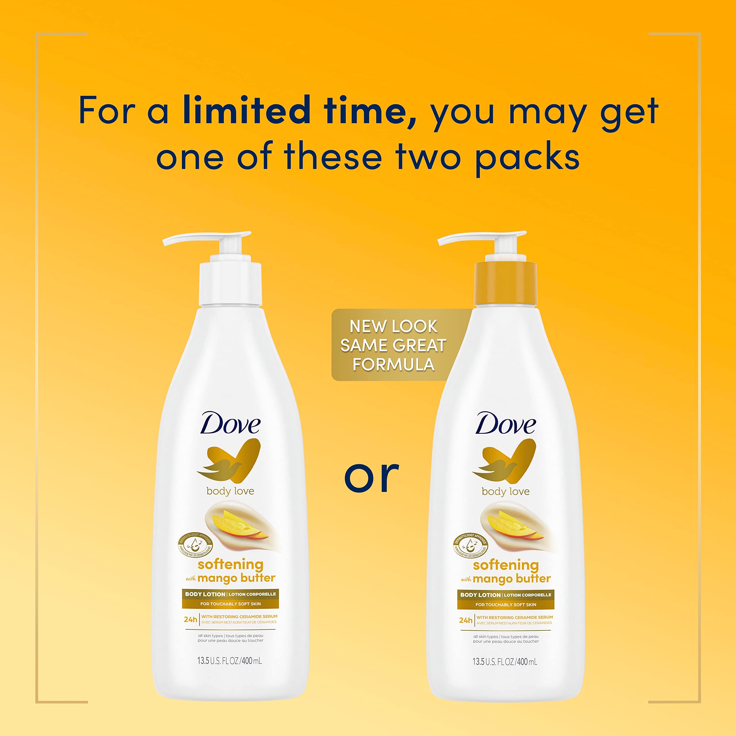 Dove Body Love Glowing Care Body Lotion For Soft, Nourishing Skin Care Mango & Almond Butter Hydrates and Absorbs Quickly, White, 13.5 Oz, 3 Count