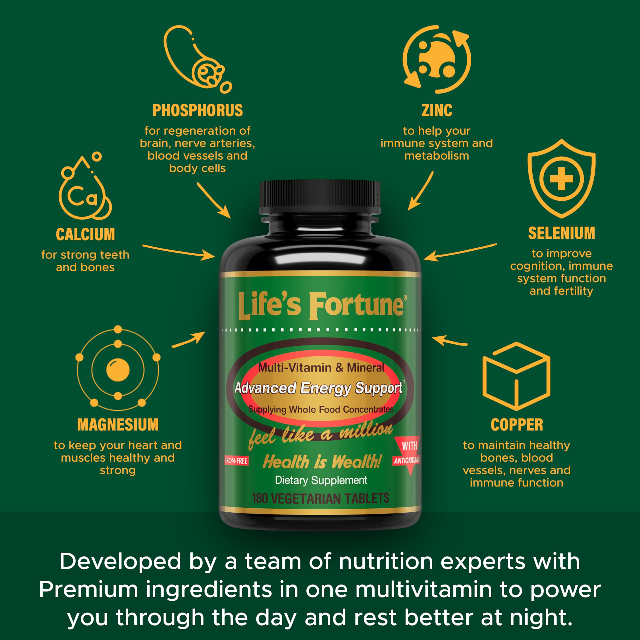 Life's Fortune Multivitamin & Mineral, All Natural Energy Source Supplying Whole Food Concentrates, Antioxidants, Amino Acids, Enzymes, Trace Minerals & More, 180 Tab