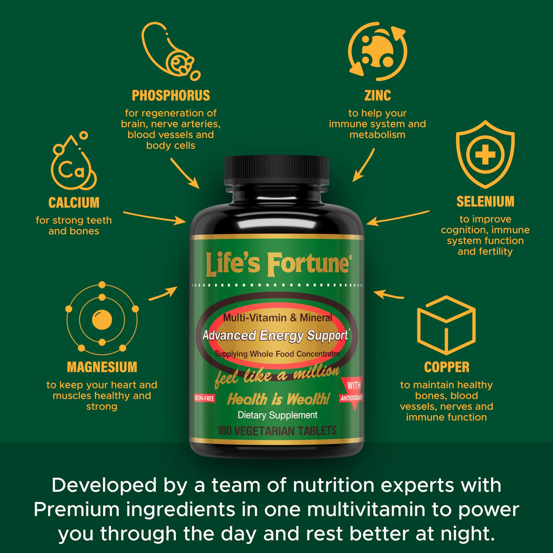 Life's Fortune Multivitamin & Mineral, All Natural Energy Source Supplying Whole Food Concentrates, Antioxidants, Amino Acids, Enzymes, Trace Minerals & More, 180 Tab