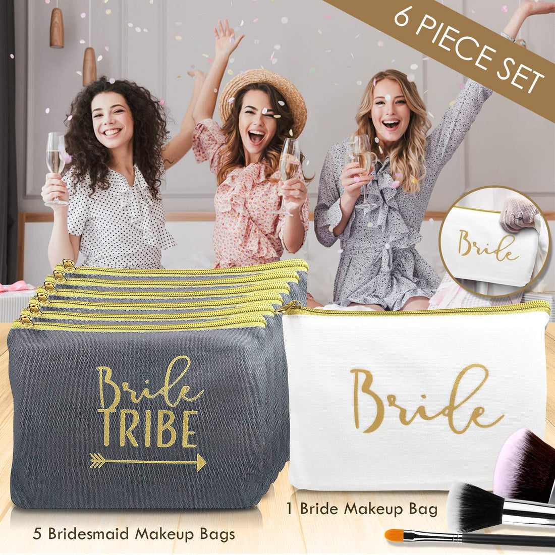 6 Piece Set | Bride Tribe Canvas Cosmetic Makeup Clutch Gifts Bag for Bridesmaid Proposal Box & Bridesmaids Bachelorette Party Favors (Grey)