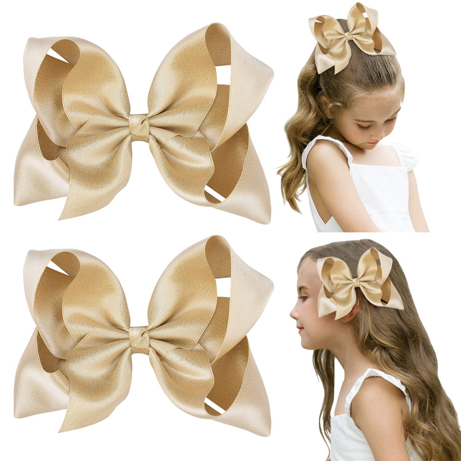 DEEKA 2 PCS 6 Big Hand-made Shiny Glitter Ribbon Hair Bows Alligator Clips Hair Accessories for Little Teen Toddler Girls Kids Set of 2 -Light Gold