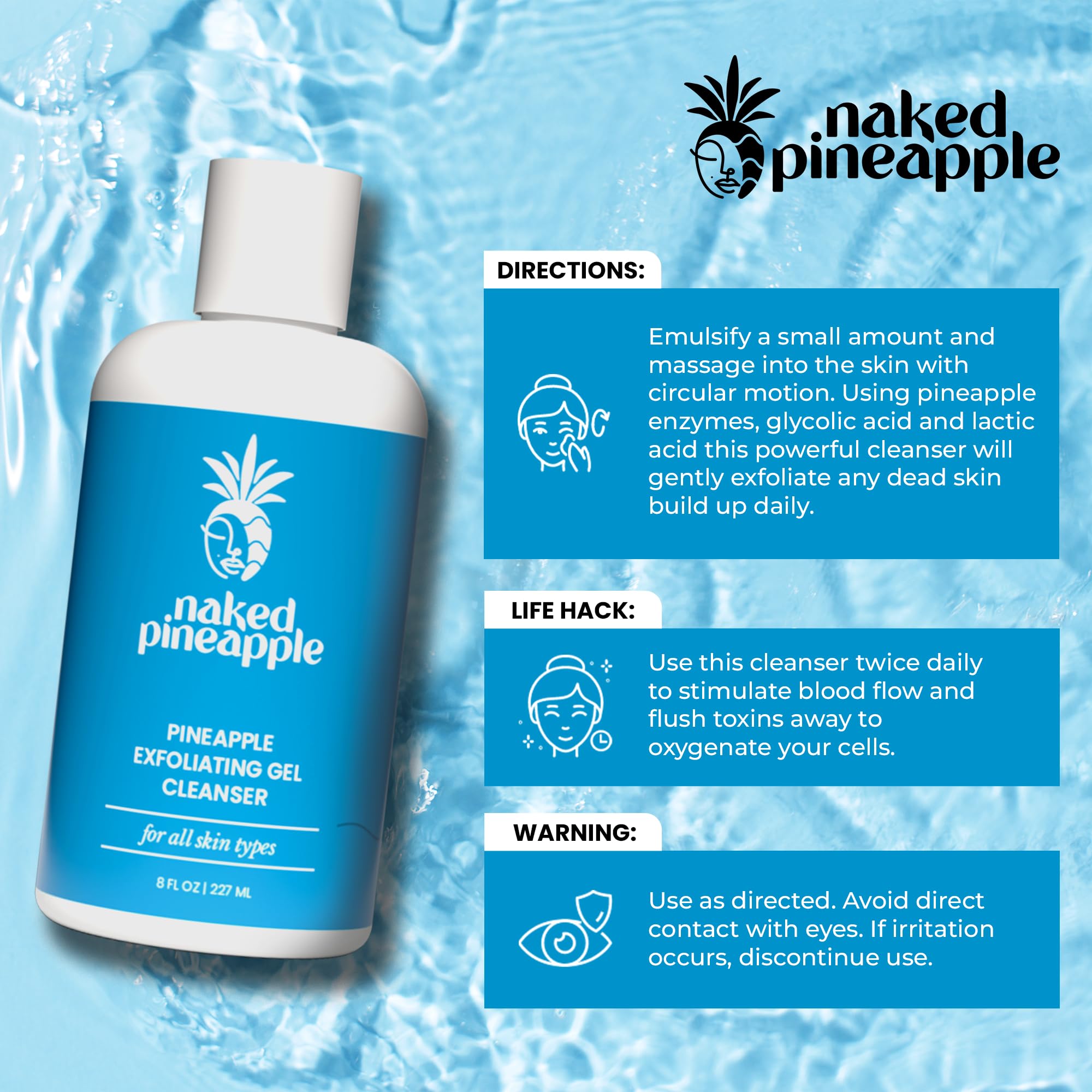 Naked Pineapple - Exfoliating Gel Cleanser with Enzymes, Daily Hydrating Cleanse, Gentle Exfoliation, Moisturizing for All Skin Types - 8oz