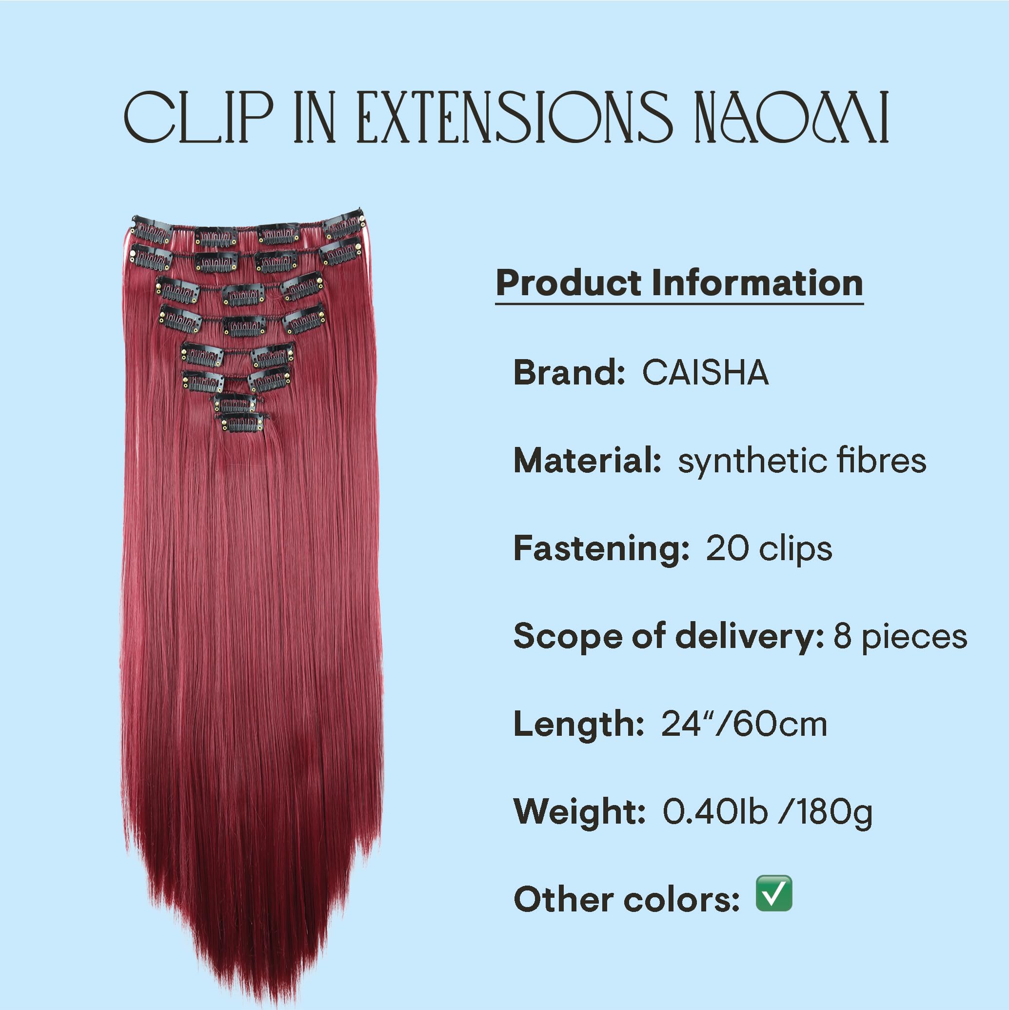 wein red #118CES10 : PRETTYSHOP XXL Set 8 pcs 24 Clip In Hair Extensions Full Head Hairpiece Wavy Curled Or Straight Heat-Resisting Div. Colors (bordeaux red straight #118 CES10)