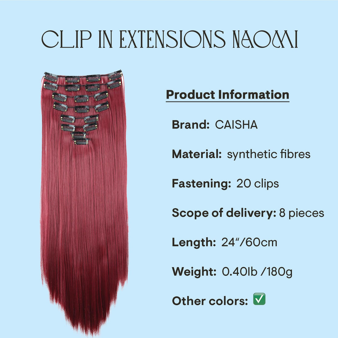 wein red #118CES10 : PRETTYSHOP XXL Set 8 pcs 24 Clip In Hair Extensions Full Head Hairpiece Wavy Curled Or Straight Heat-Resisting Div. Colors (bordeaux red straight #118 CES10)