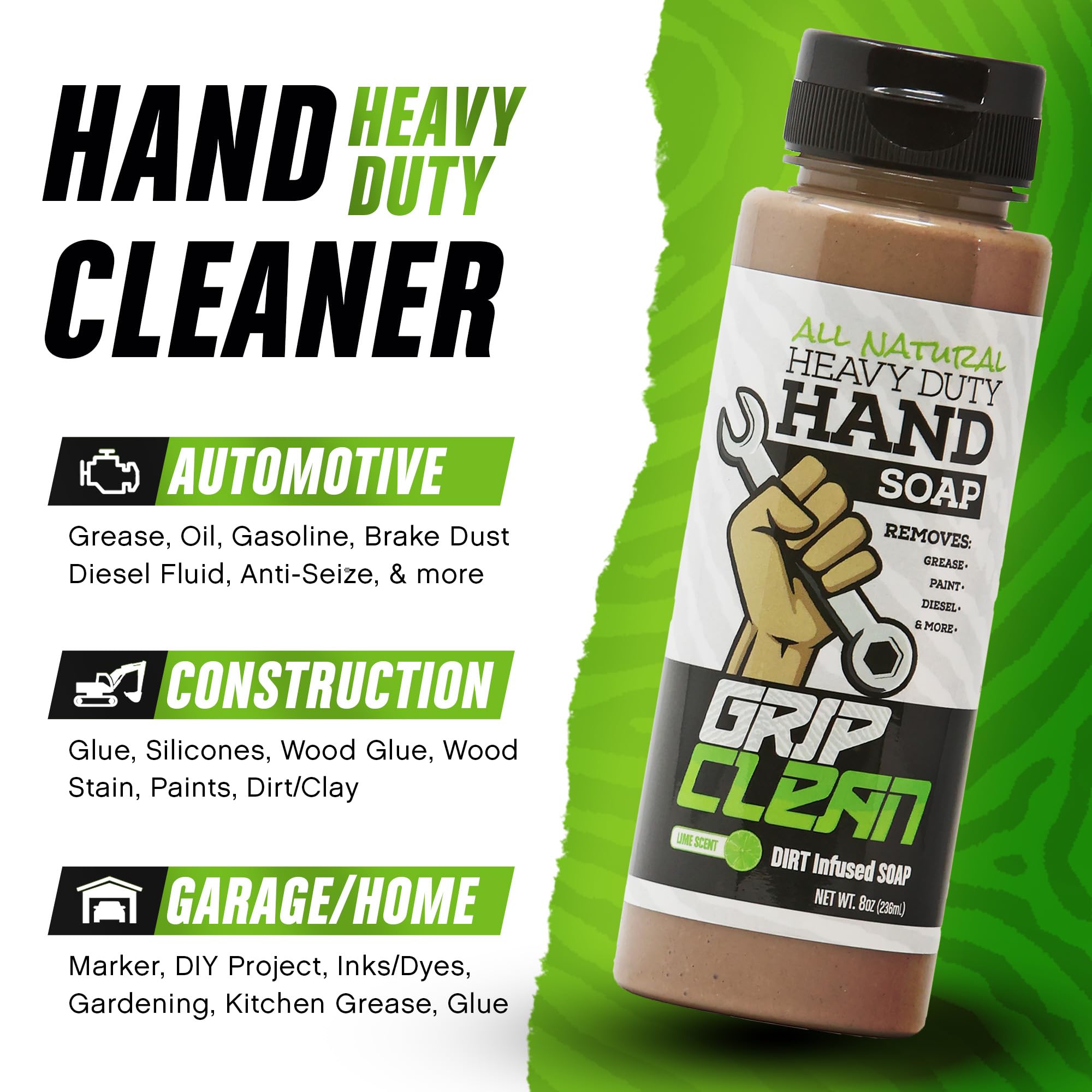 Grip Clean - Hand Cleaner for Mechanics – Heavy-Duty Mechanic Soap, Liquid Hand Soap with Natural Pumice & Clay to Absorb Tough Grease, Oil & Dirt – Moisturizing Coconut Oil, Lime Scent (8oz)