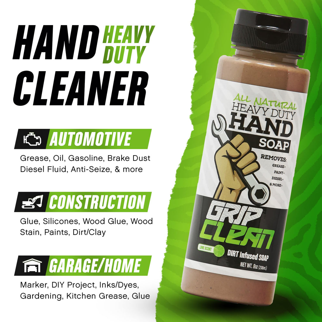Grip Clean - Hand Cleaner for Mechanics – Heavy-Duty Mechanic Soap, Liquid Hand Soap with Natural Pumice & Clay to Absorb Tough Grease, Oil & Dirt – Moisturizing Coconut Oil, Lime Scent (8oz)