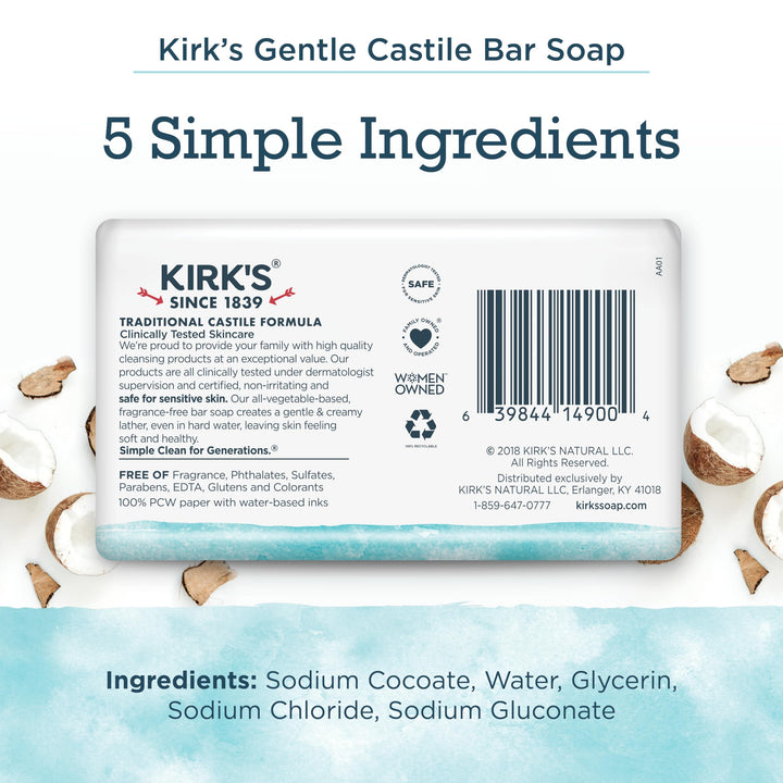 Kirk's Original Coco Castile Soap, Fragrance Free (6 Pack)
