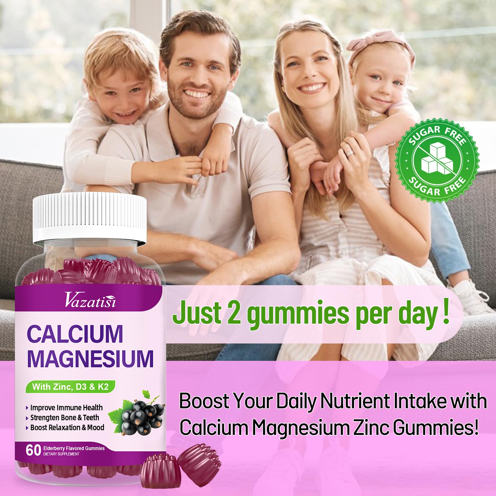 Calcium Magnesium Zinc Gummies with Vitamin D3 and K2, High Absorption Magnesium Glycinate Potassium for Immune and Muscles, Vegan Elderberry Flavor 120 Gummies