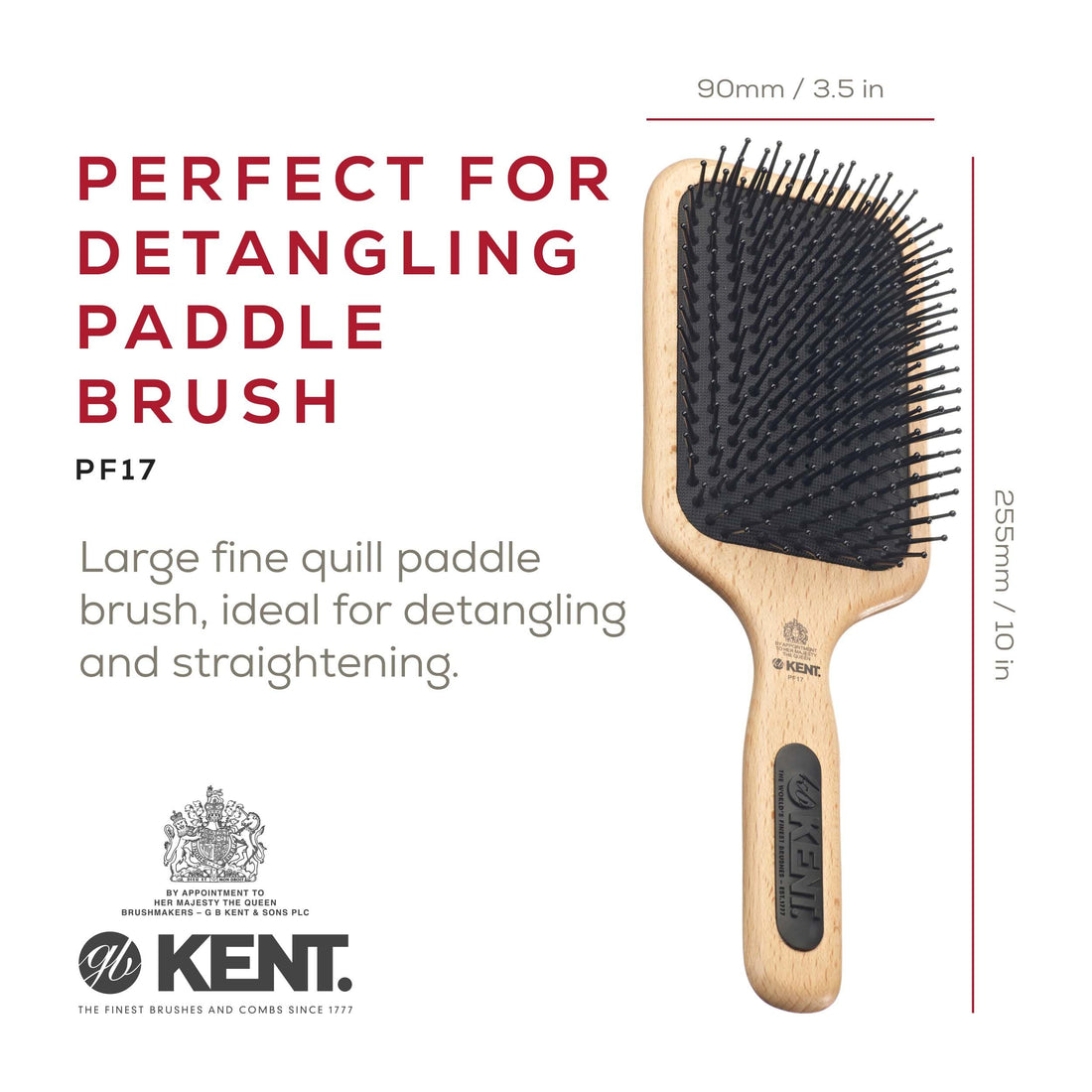 Kent PF17 Large Cushion Paddle Brush, Taming Fine Pins Hair - Detangling Long, Thick, Curly Hair, Scalp Massager, Growth Stimulator. Wet or Dry Use. Made in England