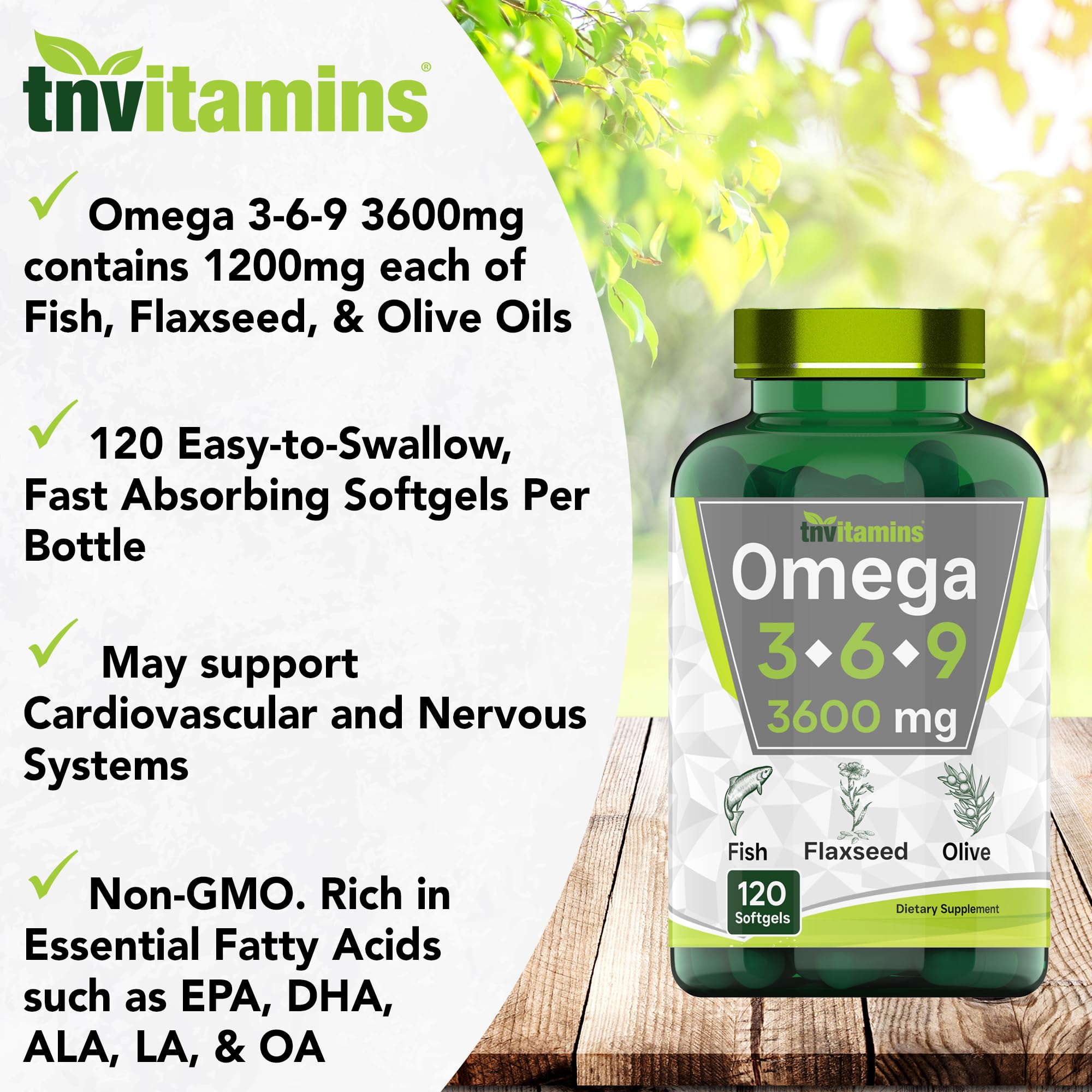 Triple Omega 3 6 9: 3600mg x 120 Softgels | Omega Essential Fatty Acids from Fish Oil (EPA & DHA), Flaxseed Oil (ALA & LA), & Olive Oil (OA) | Omega 3-6-9 Supplement for Women & Men | Non-GMO