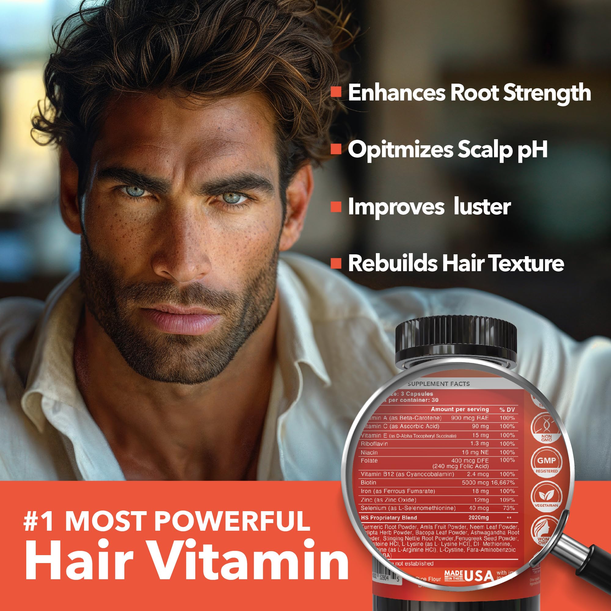 HairSmart H5 Grow+ Hair Vitamin Supplement – Biotin, Ayurvedic Herbs & 5 Nutrient Groups for Hair Growth, Density & Strength | Best Hair Growth Supplement for Men and Women (90 Count (Pack of 1))