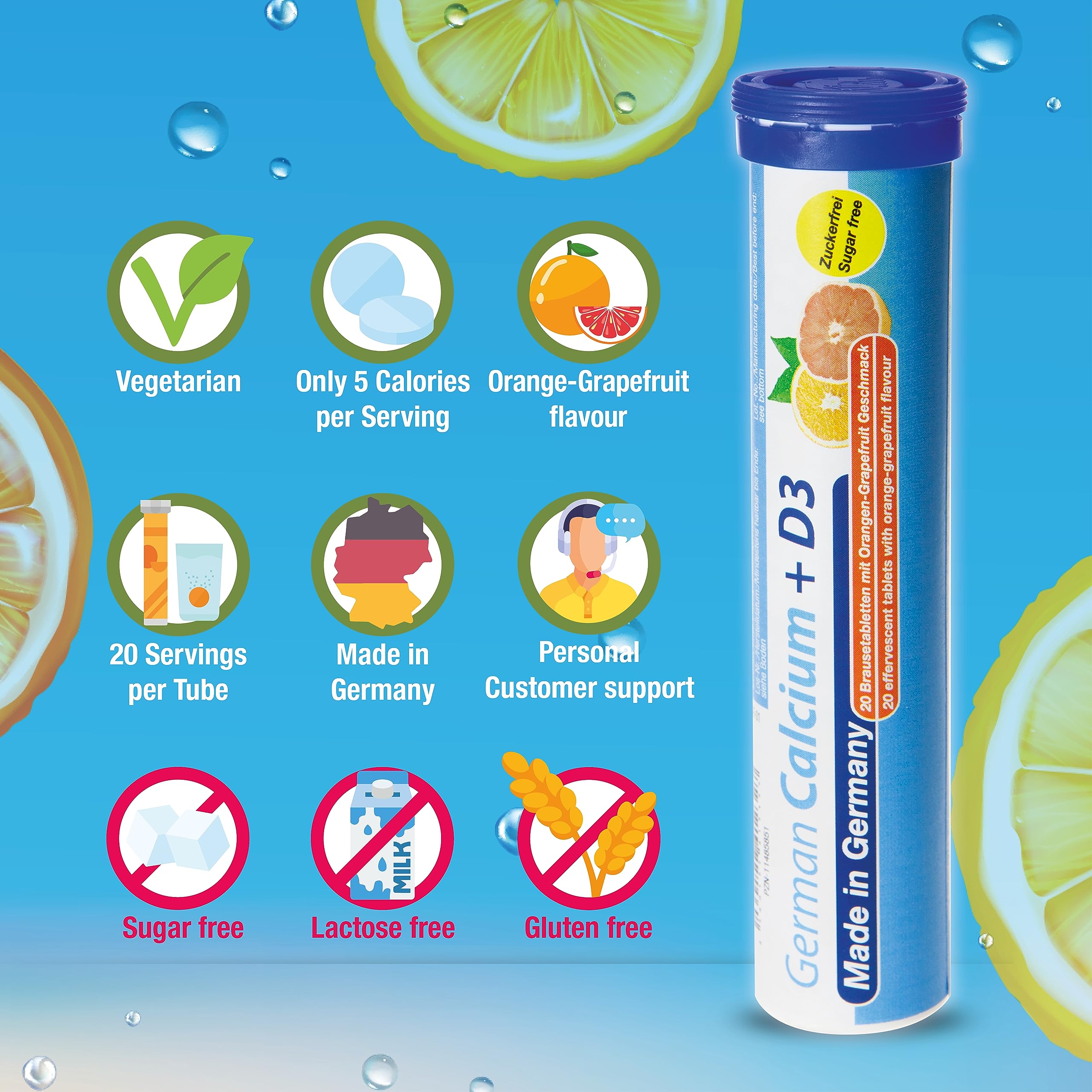German Calcium + VIT. D - 100 Vegetarian Drink Effervescent Tablets - Orange-Grapefruit Flavor - Made in Germany