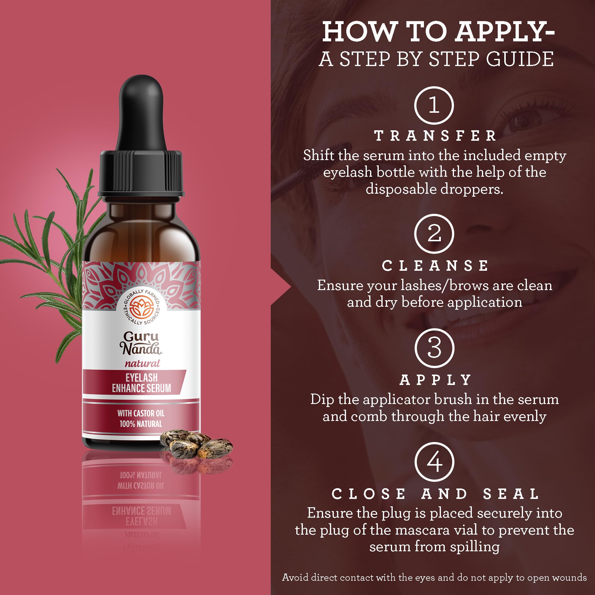 GuruNanda Natural Castor Oil Eyelash Enhance Serum with Rosemary Oil - Brush Applicator & 5 Pipettes, Helps Natural Hair Growth for Eyebrows & Beards, 2 Fl Oz