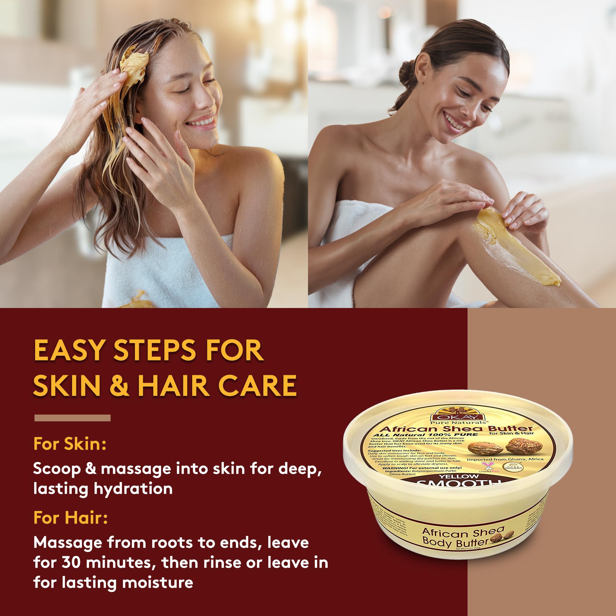 Okay Yellow Shea Butter for Hair and Skin - Raw African Shea Butter for Women and Men, Daily Moisturizer for Face and Body, Helps with Stretch Marks, Soothes Dryness - 7.5 Oz Jar (Pack of 2)