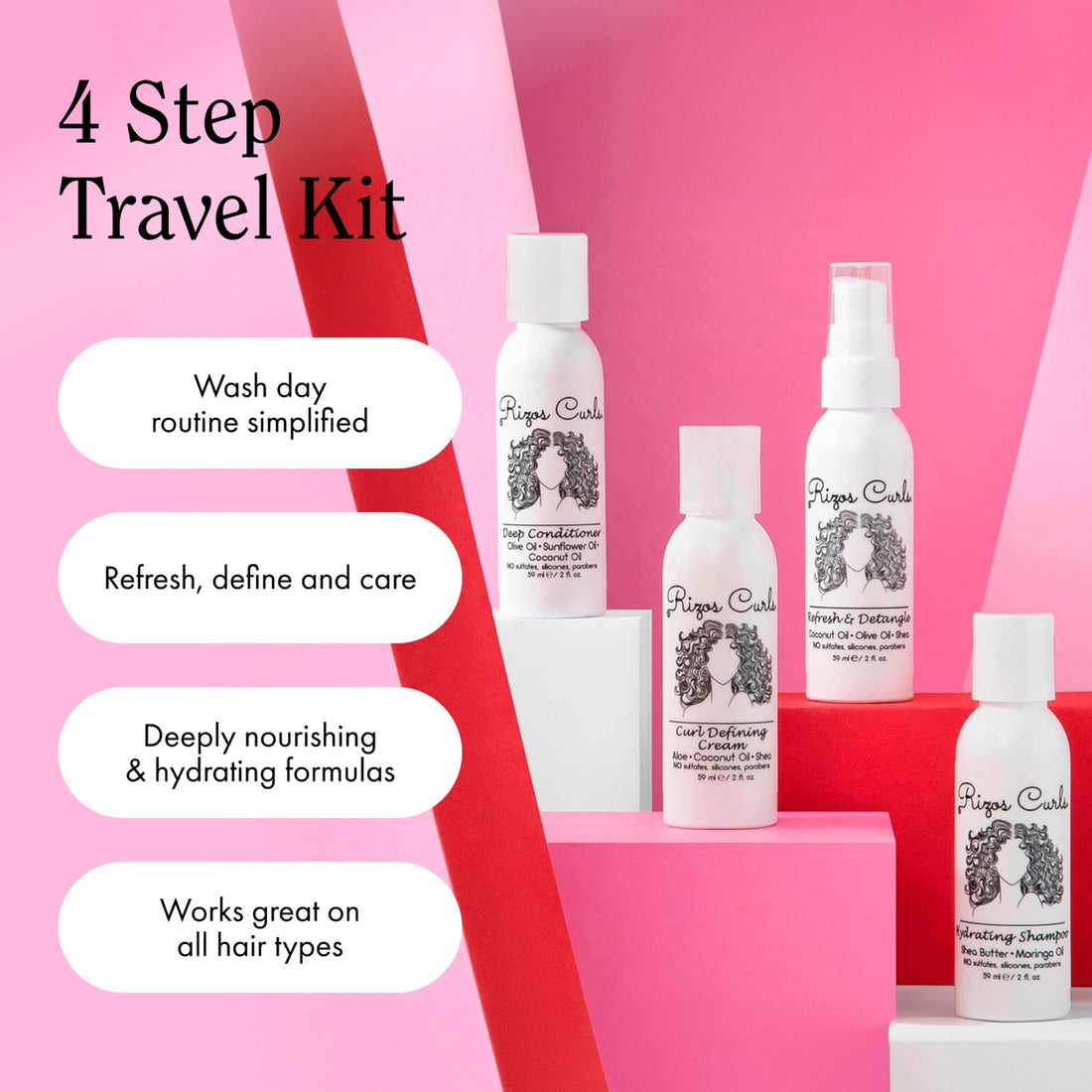 Rizos Curls 4-Step Travel Kit for Curly Hair: Curl Defining Cream, Shampoo, Conditioner, Refresh & Detangle (2 fl oz each)