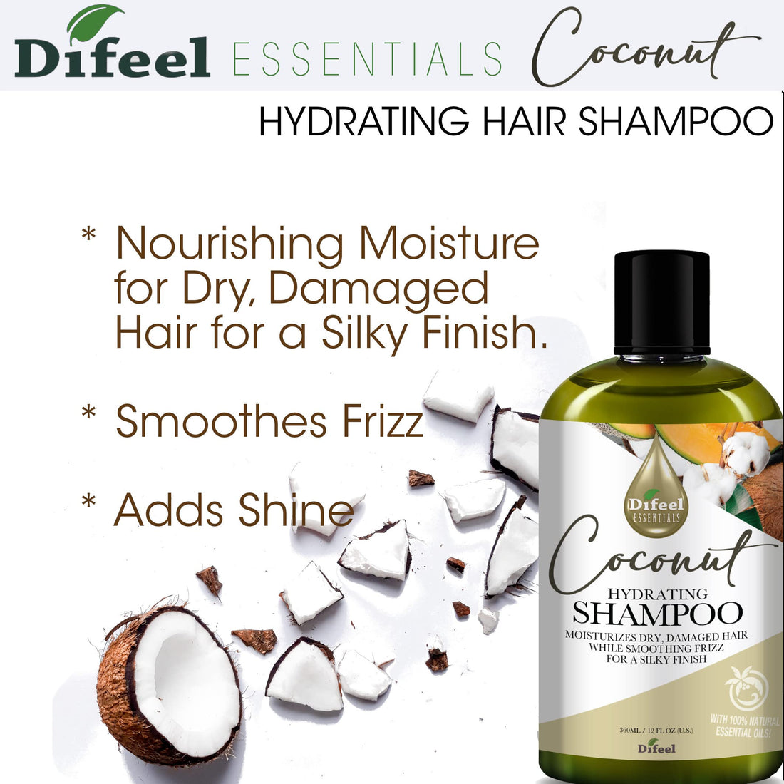 Difeel Essentials Hydrating Coconut Shampoo 12 oz. - Moisturizing Sulfate Free Shampoo made with 100% natural Essential Oils