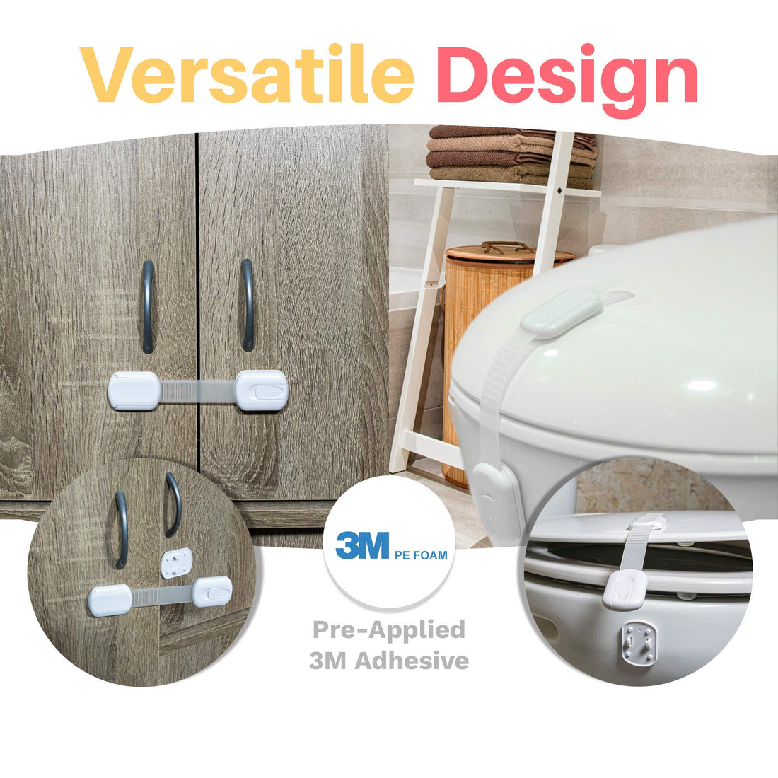 6-Pack Child Proof Locks for Cabinet Doors, Drawers, Fridge, Toilet Seat, Dishwasher, Trash Can, Cupboard - 3M - No Drilling - Child Safety Locks for Cabinets and Drawers - Baby Proofing Cabinets Lock