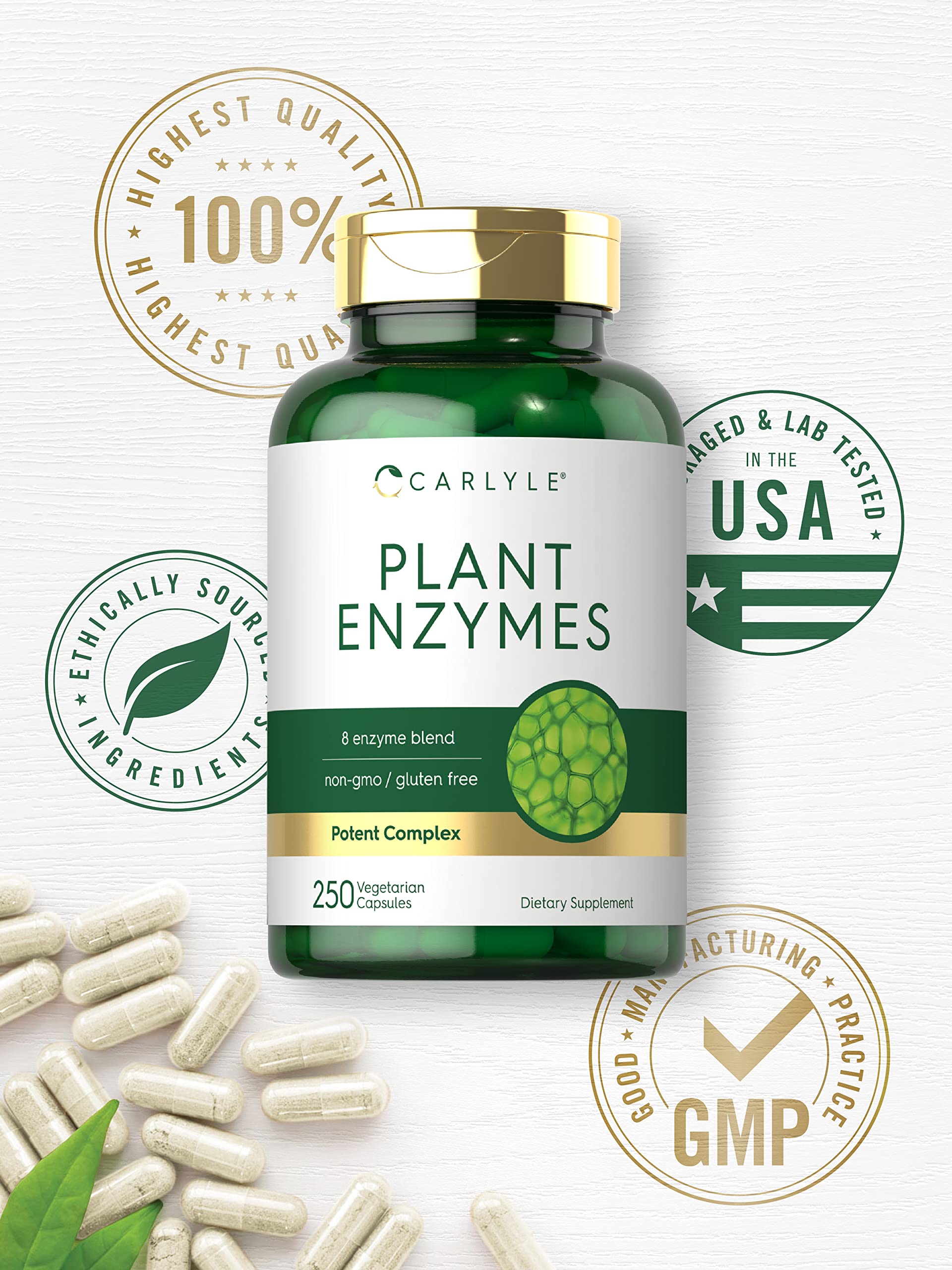Carlyle Plant Enzymes with Protease, Papain, Lactase and Bromelain | 250 Capsules | Multi Enzyme Blend | Non-GMO & Gluten Free Supplement