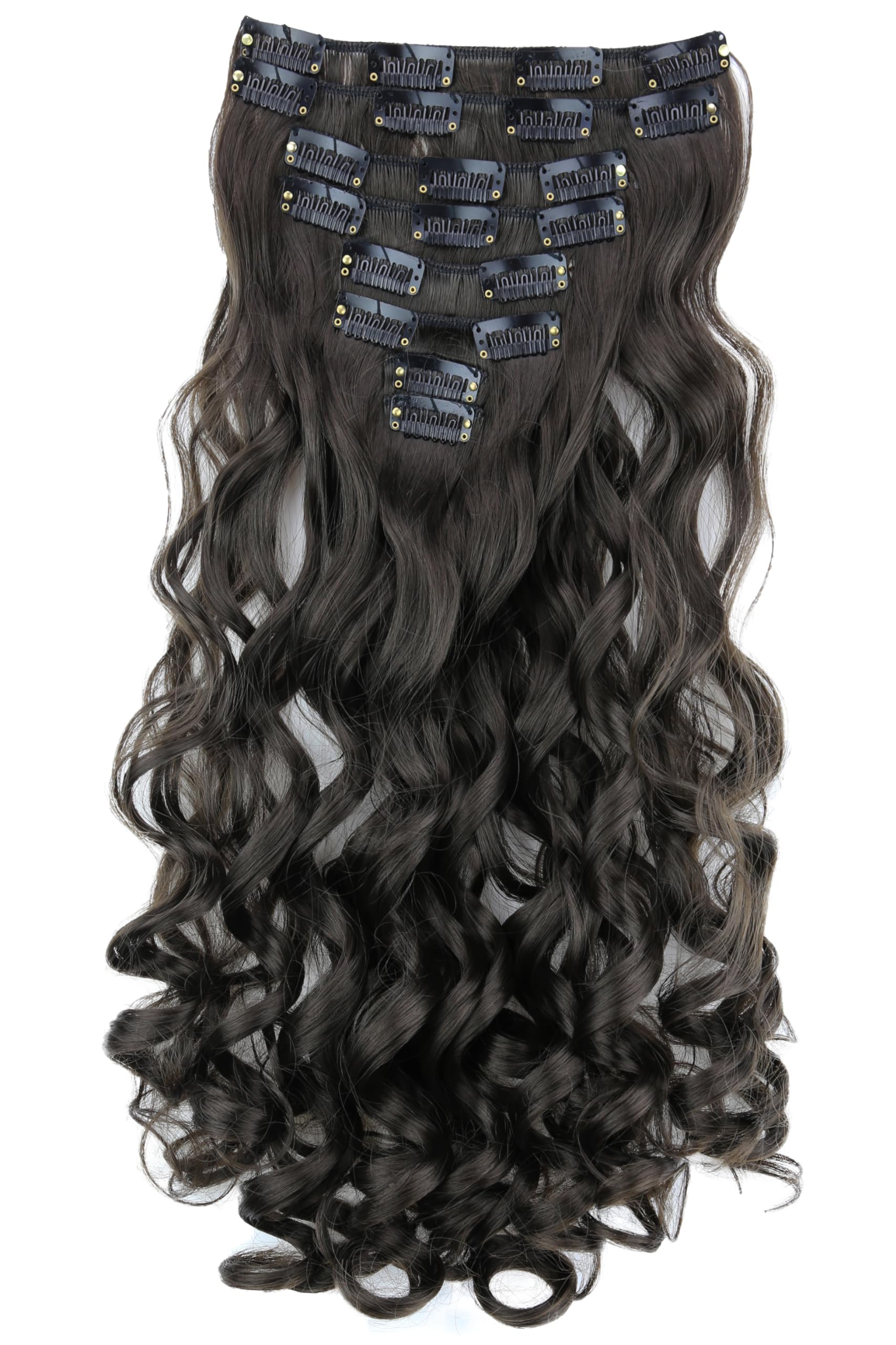 PRETTYSHOP XXL Set 8 pcs 24 Clip In Hair Extensions Full Head Hairpiece Wavy Curled Or Straight Heat-Resisting Div. Colors (brown curled #8 CES2-1)