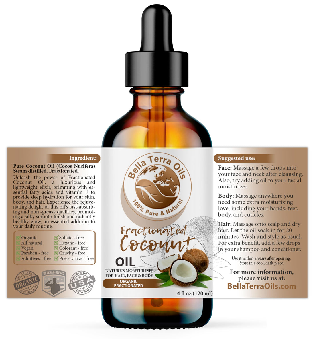 Bella Terra Oils - Organic Fractionated Coconut Oil (MCT) 4oz - Derived from Pure Coconut Essence, Abundant in Capric & Lauric Acid, Your Go-to Companion for Supple Skin
