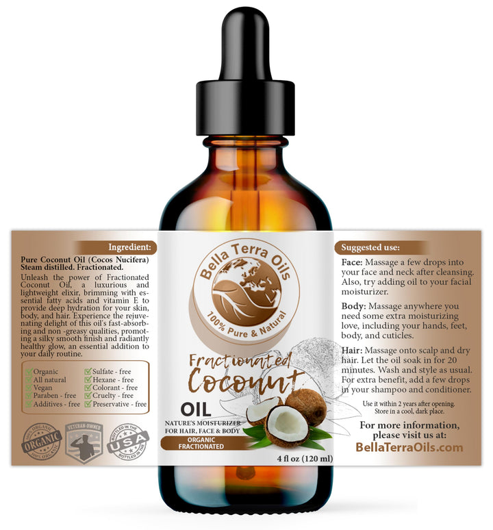 Bella Terra Oils - Organic Fractionated Coconut Oil (MCT) 4oz - Derived from Pure Coconut Essence, Abundant in Capric & Lauric Acid, Your Go-to Companion for Supple Skin