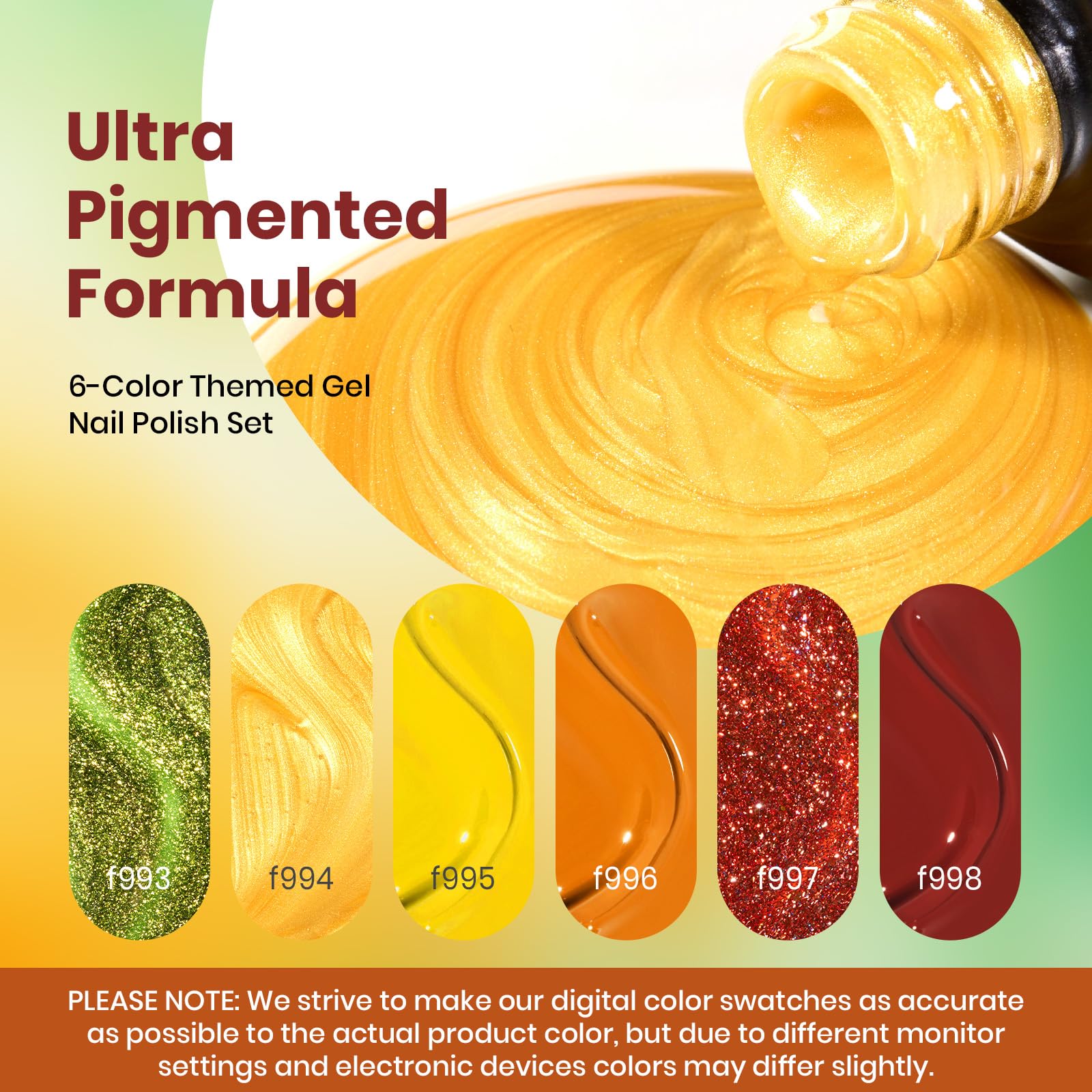 Beetles Fall Gel Nail Polish Set, 6Pcs Autumn Realm Collection, Yellow Orange Burgundy Red Green Gel Polish Golden Glitter Nails Kit DIY Nail Art Gifts for Women