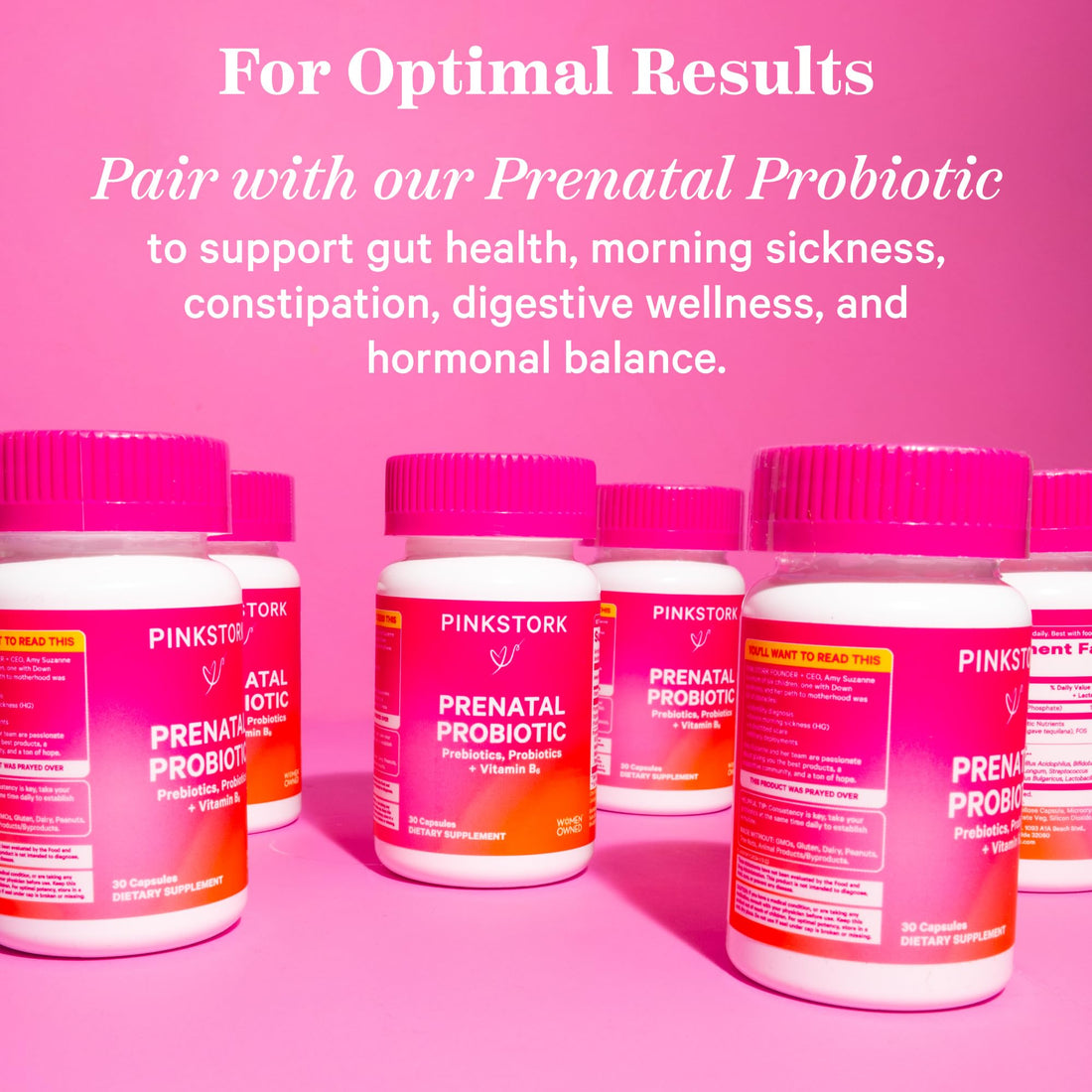 Pink Stork Premium Prenatal Vitamin for Women - Organic Whole-Food Ingredients, Multivitamin & Probiotics - Morning Sickness, Digestion, & Energy - Folate, B6, & Iron - 60 Capsules