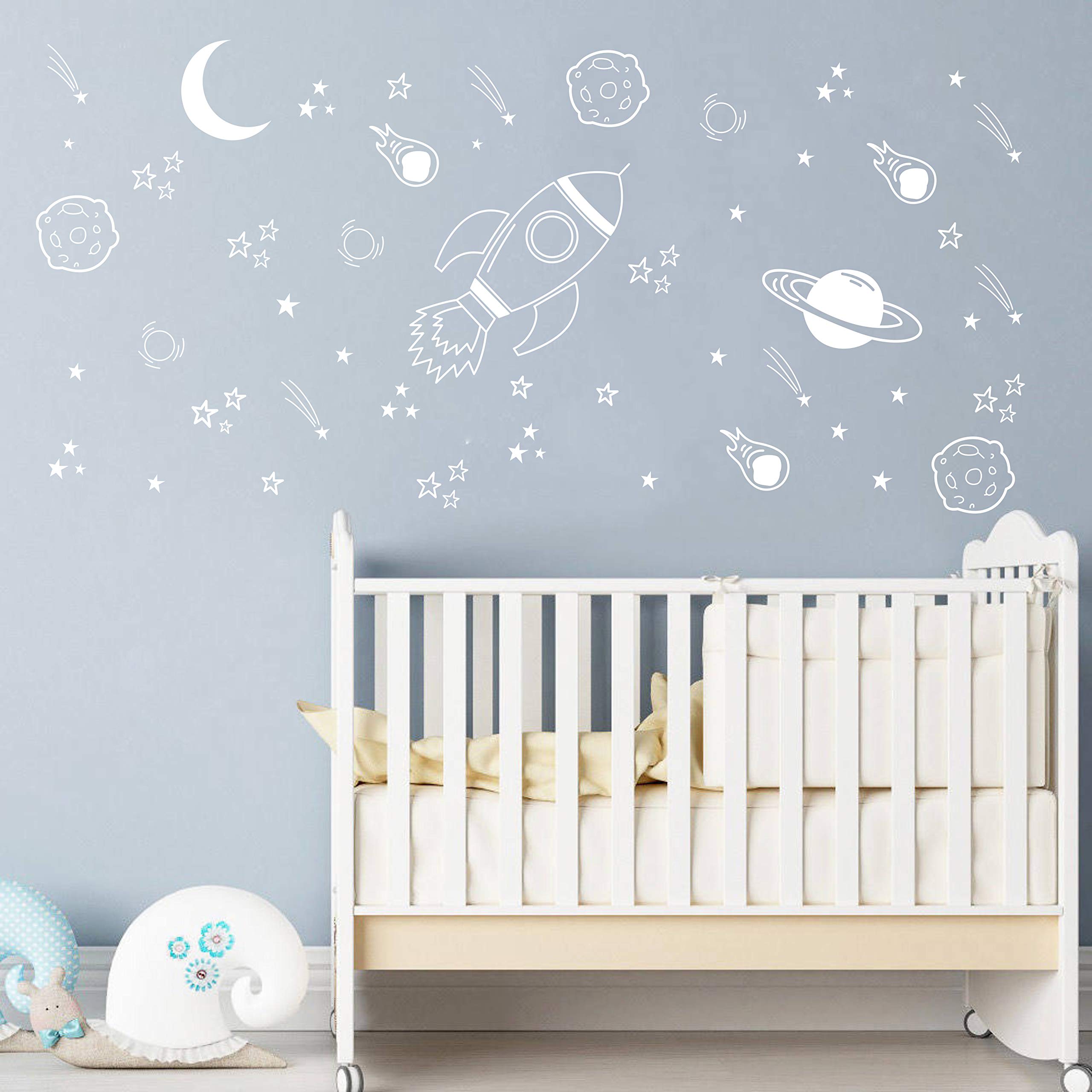 Space Wall Decal for Nursery, Outer Space Decor, Rocket Ship, Boy Room Decor, Planets for Baby Boys Nursery A37 (White)