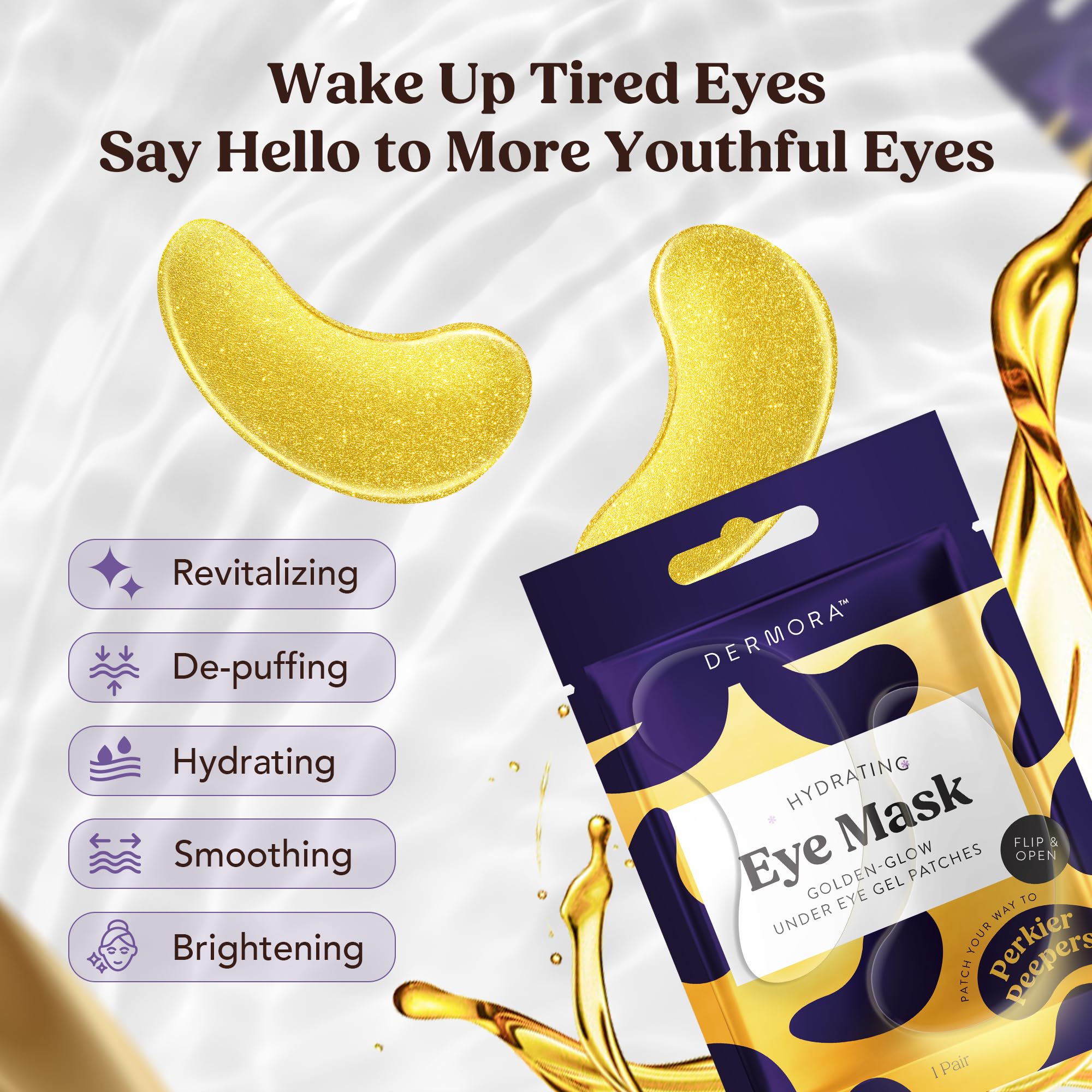 DERMORA Golden Glow Under Eye Patches (30 Pairs Eye Gels) - Rejuvenating Treatment for Dark Circles, Puffy Eyes, Refreshing, Revitalizing, Travel, Wrinkles