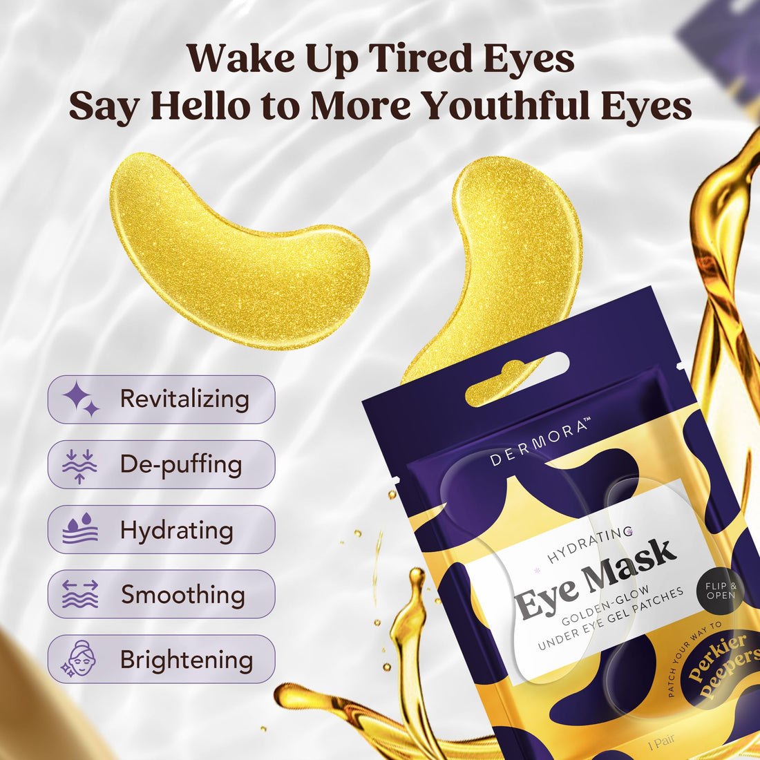 DERMORA Golden Glow Under Eye Patches (30 Pairs Eye Gels) - Rejuvenating Treatment for Dark Circles, Puffy Eyes, Refreshing, Revitalizing, Travel, Wrinkles