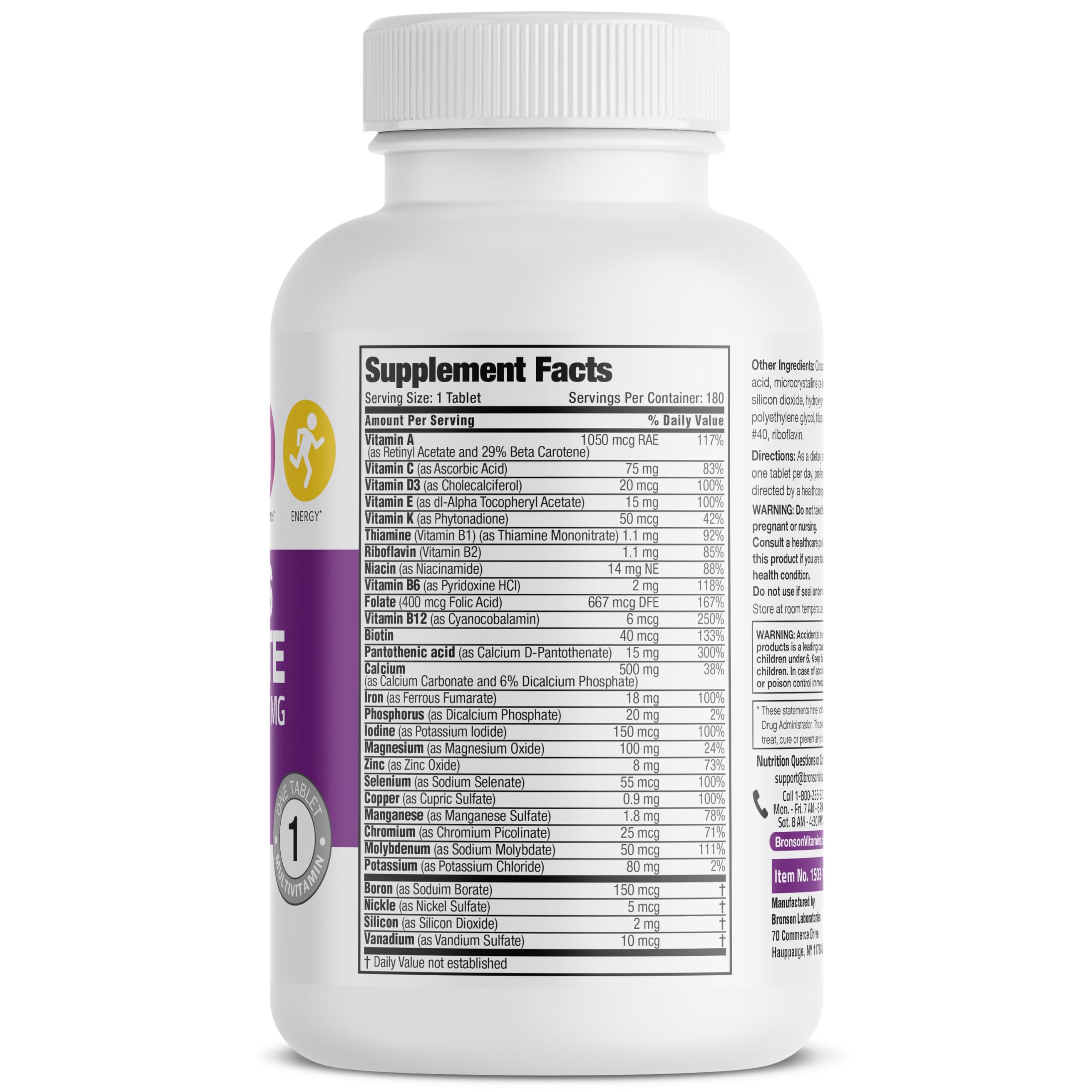 Bronson ONE Daily Women’s Complete Multivitamin Multimineral Once-Daily Multi for Active Women, 180 Tablets