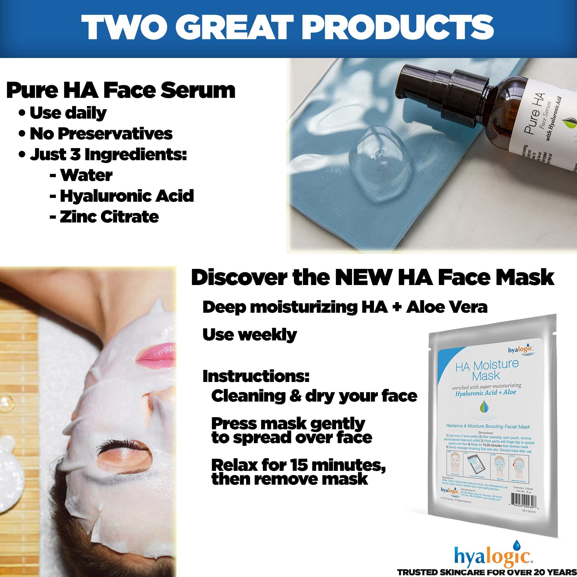 Hyalogic Pure HA Face Serum 1 oz with 1 Hyaluronic Acid Facial Mask - Sensitive Skin - Deep Hydrating, Moisturizing Topical, 1oz Pump - For Women & Men - Rejuvenate & Moisturize