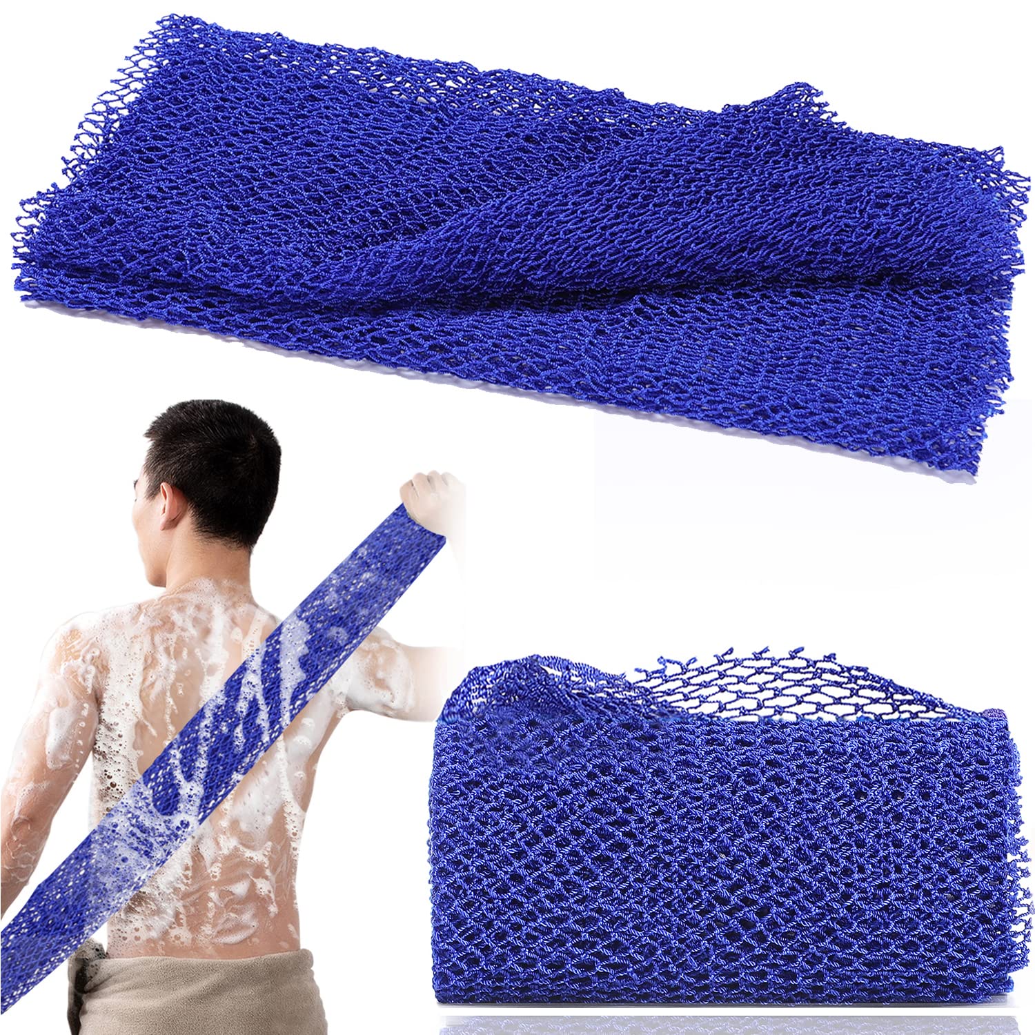 African Net Long Bath Net Sponge,JASSINS African Bathing Sponge,Body Exfoliating Long Net Shower Body Scrubber Back Scrubber Skin Smoother,Stretch Length to 66 INCH (Blue)
