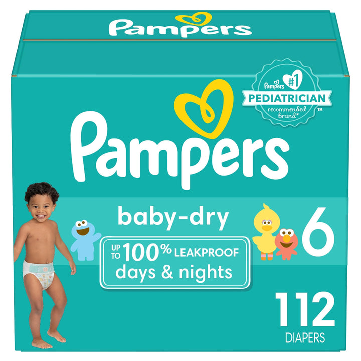 Diapers Size 6, 112 Count - Pampers Baby Dry Disposable Baby Diapers, Enormous Pack, Packaging & Prints May Vary