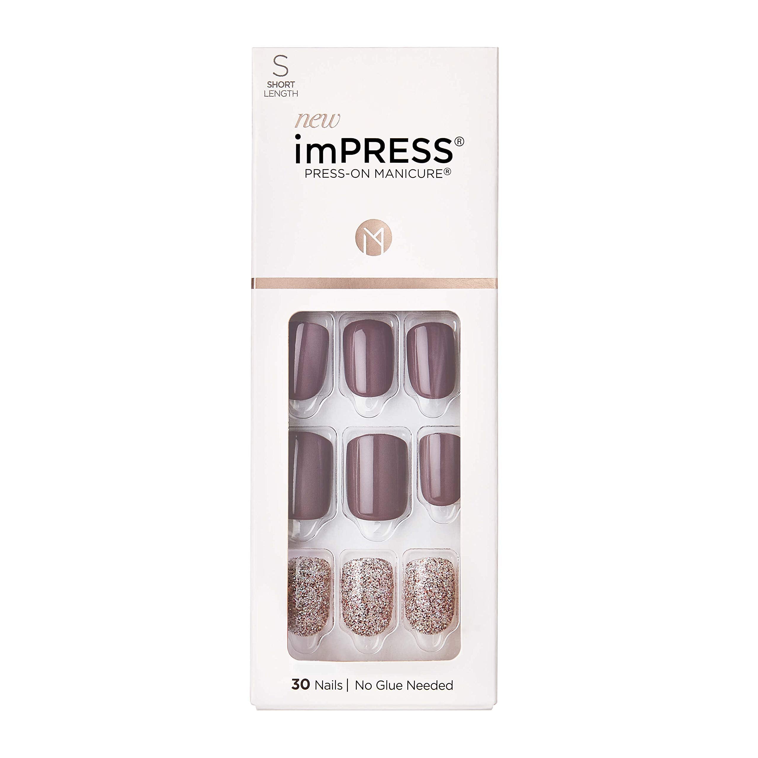KISS imPRESS Press-On Manicure, Nail Kit, PureFit Technology, Short Press-On Nails, Square, Flawless, Includes Prep Pad, Mini File, Cuticle Stick, and 30 Fake Nails