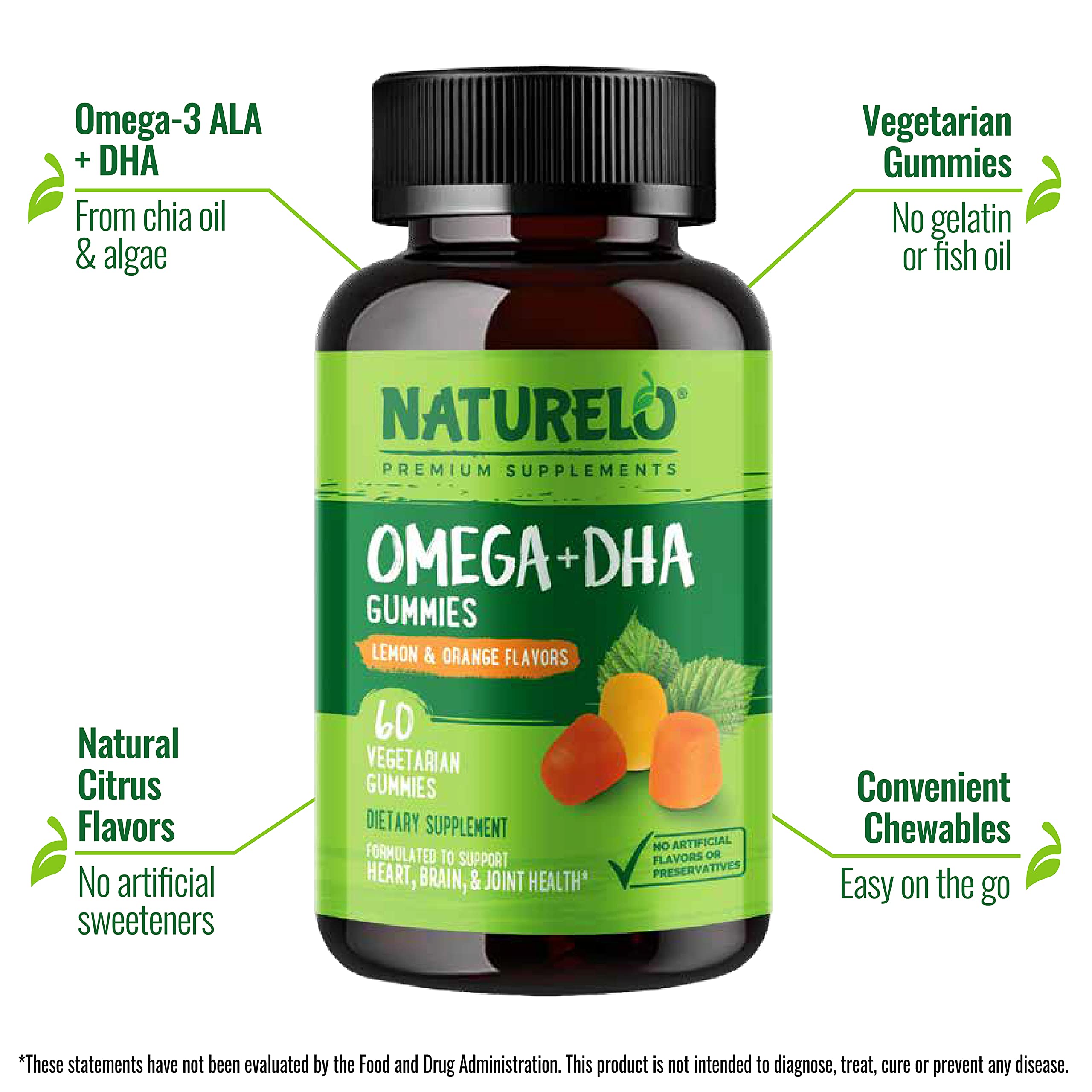 NATURELO Vegetarian DHA and Omega 3 Supplement from Algae and Chia Seed Oil for Heart, Brain and Joint Health - No Fish, Gelatin, or Artificial Sweeteners - 60 Gummies