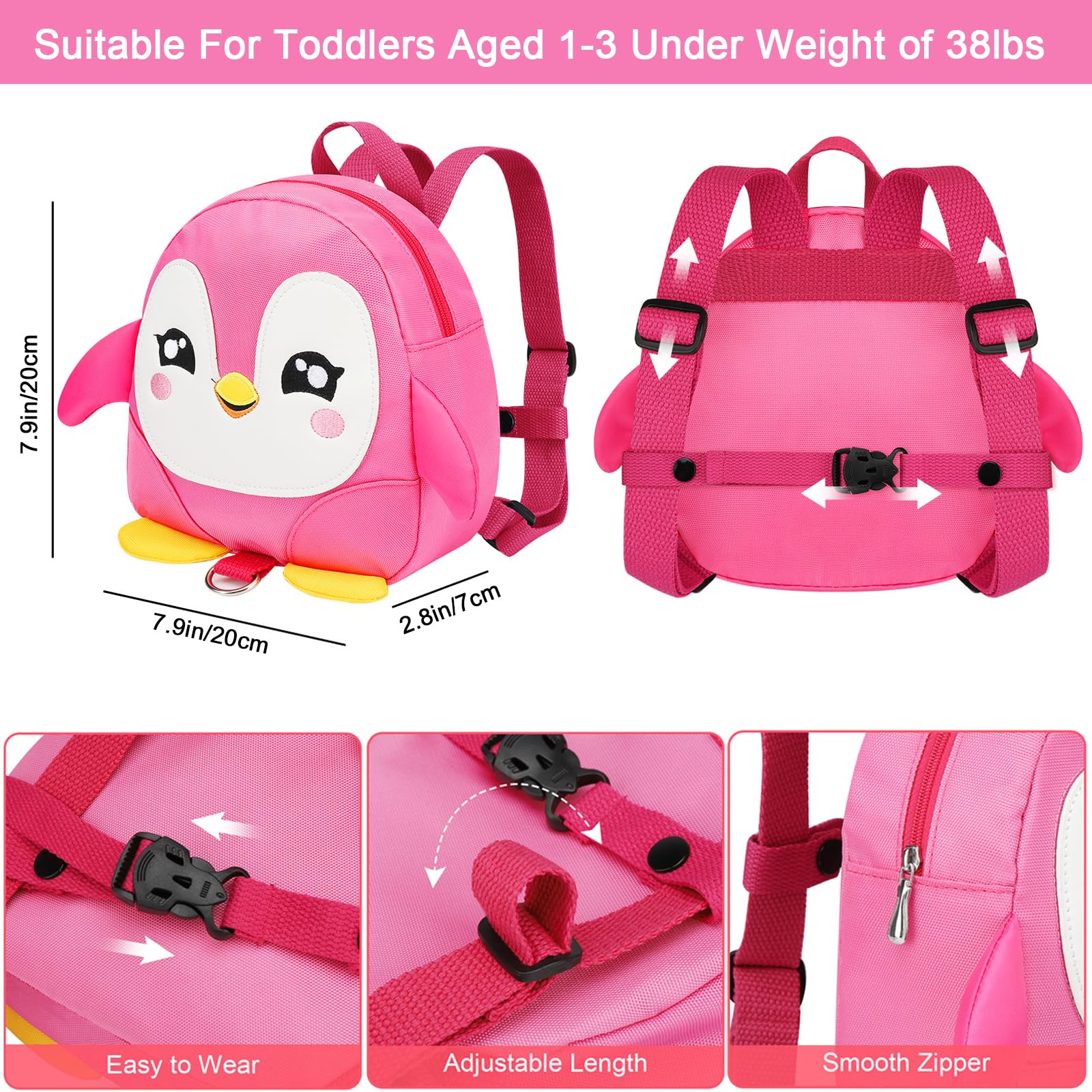 Accmor Toddler Harness Backpack Leash, Cute Penguin Kid Backpacks with Anti Lost Wrist Link, Mini Child Backpack Harness Leashes Walking Wristband Rope Travel Bag Harness Rein for Baby Girls (Pink)