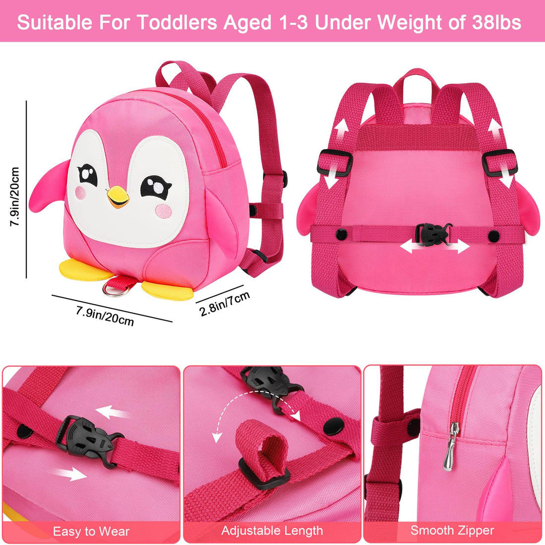 Accmor Toddler Harness Backpack Leash, Cute Penguin Kid Backpacks with Anti Lost Wrist Link, Mini Child Backpack Harness Leashes Walking Wristband Rope Travel Bag Harness Rein for Baby Girls (Pink)