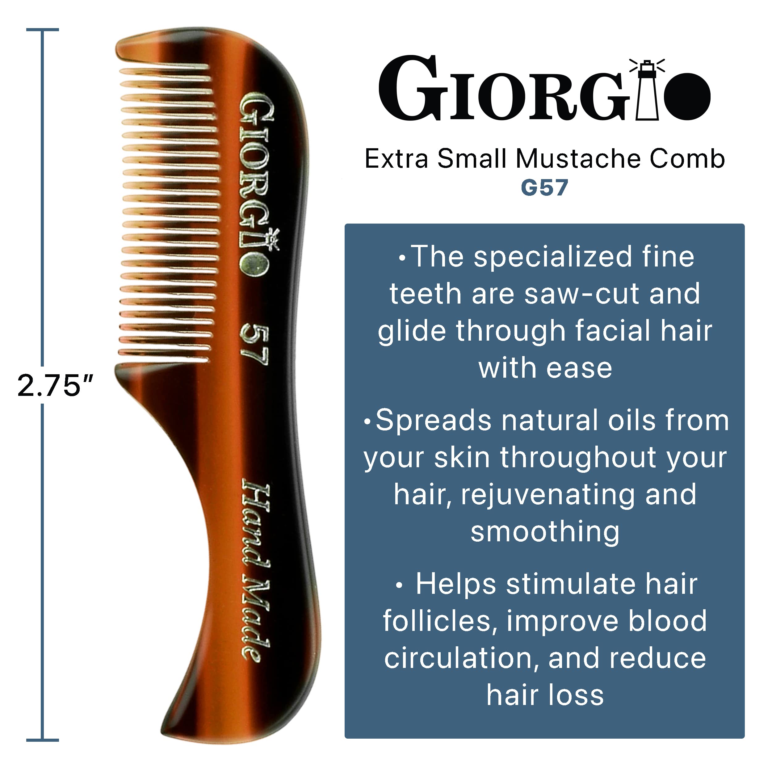 Giorgio G57 2.75 73mm X-Small Men's Fine Toothed Beard and Mustache Pocket Comb for Facial Hair Grooming. Hand-Made of Durable Cellulose Acetate, Saw-Cut & Polished (Giorgio G57)