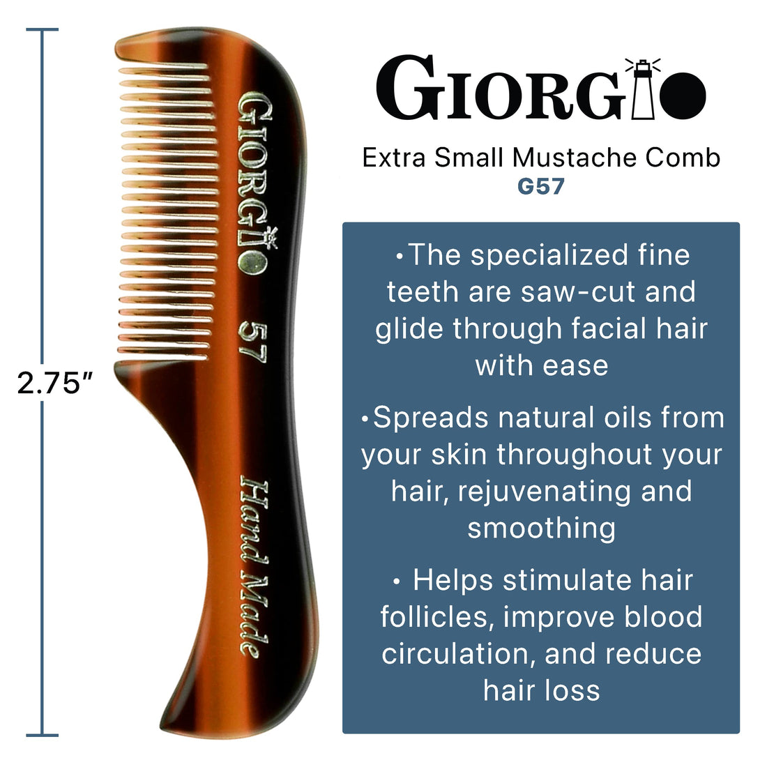 Giorgio G57 2.75 73mm X-Small Men's Fine Toothed Beard and Mustache Pocket Comb for Facial Hair Grooming. Hand-Made of Durable Cellulose Acetate, Saw-Cut & Polished (Giorgio G57)