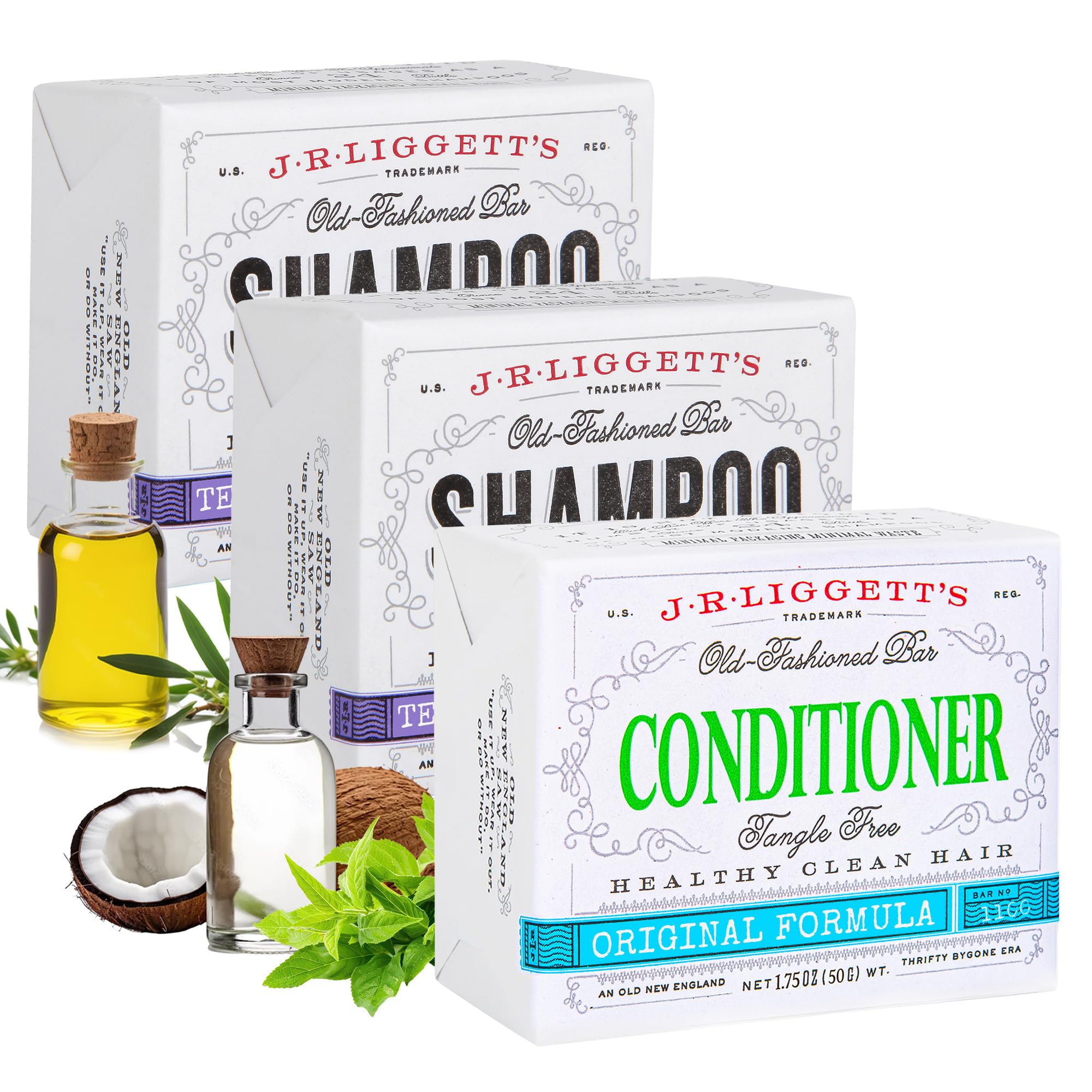 J·R·LIGGETT'S New Conditioner Bar 1.75oz + Two Tea Tree & Hemp Oil Formula Shampoo Bar 3.5oz Bundle All-Natural Plant Based Ingredients | Clean Soft Tangle-Free Hair Biodegradable Recyclable USA Made
