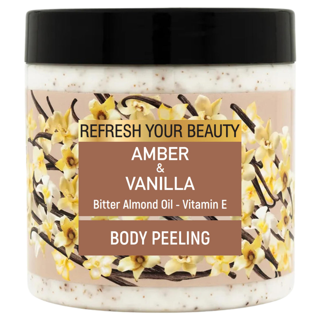 Oriense Body Scrub - Warm Vanilla & Amber Richness, Bitter Almond Oil, Nutshell & Apricot Kernel Granules and Vitamin E, Soft Peeling Effect, 16.9 fl.oz