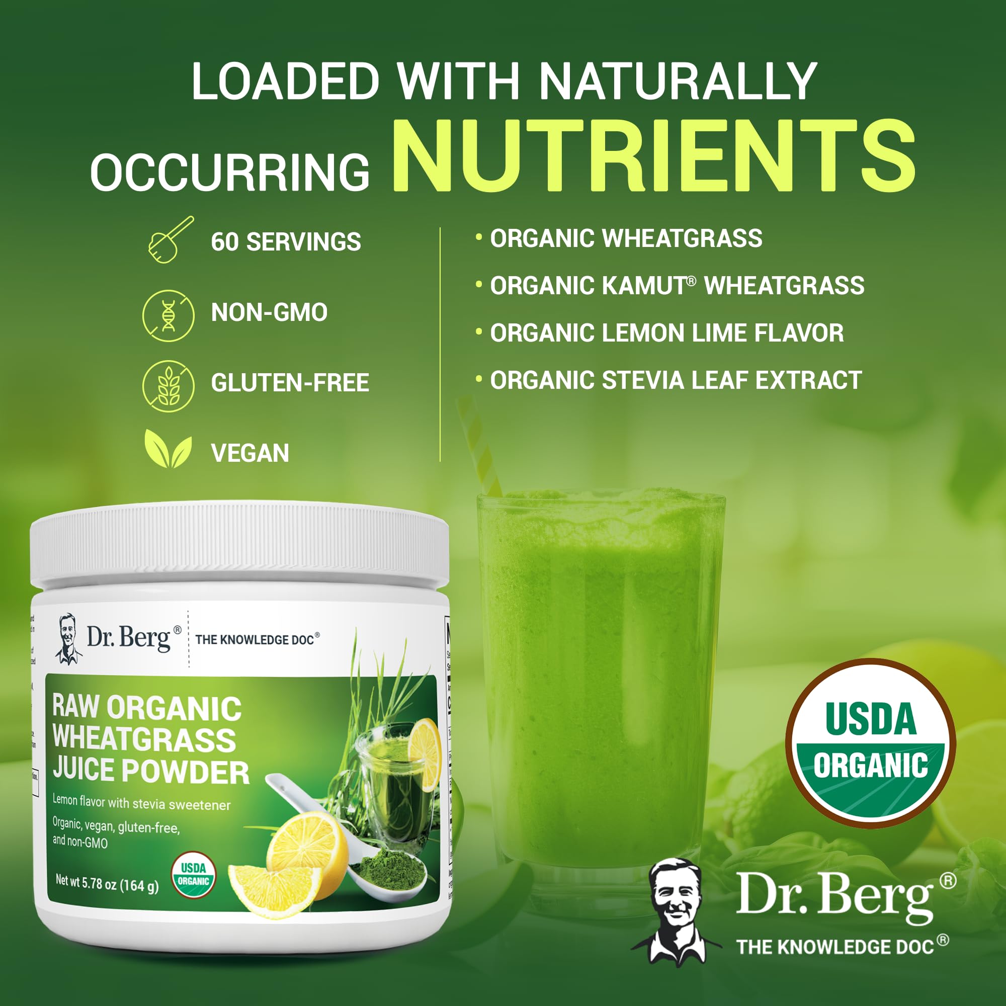 Dr. Berg USDA Certified Organic Green Powder Superfood (60 Servings) - Made with Raw Wheatgrass Powder, Chlorophyll, Trace Minerals & Natural Enzymes - Non-GMO Green Superfood Powder - Lemon Flavor