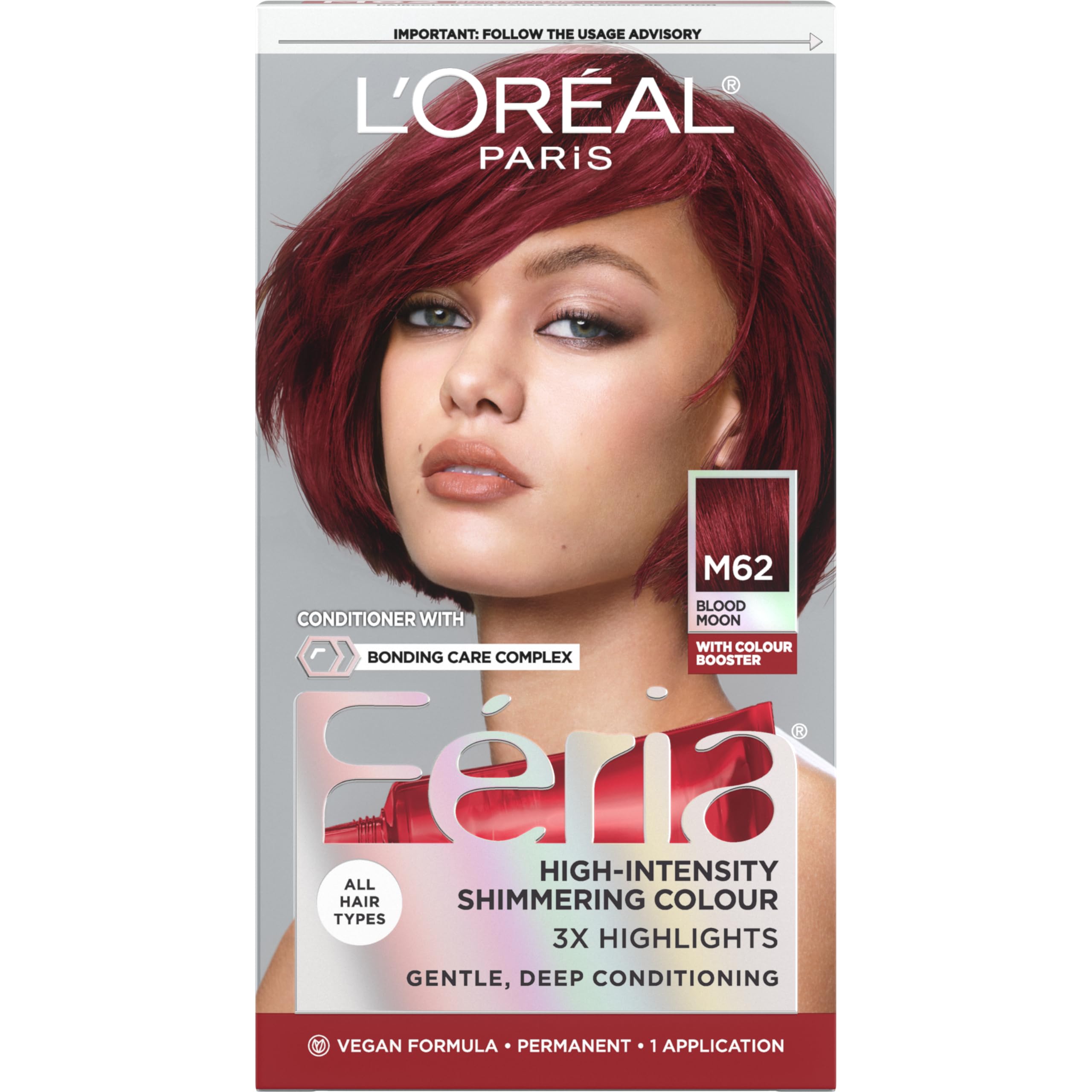 L'Oreal Paris Feria Midnight Bold Multi-Faceted Permanent Hair Dye, One-Step Hair Color Kit for Dark Hair, No Bleach Required, Blood Moon