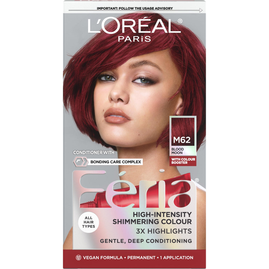 L'Oreal Paris Feria Midnight Bold Multi-Faceted Permanent Hair Dye, One-Step Hair Color Kit for Dark Hair, No Bleach Required, Blood Moon