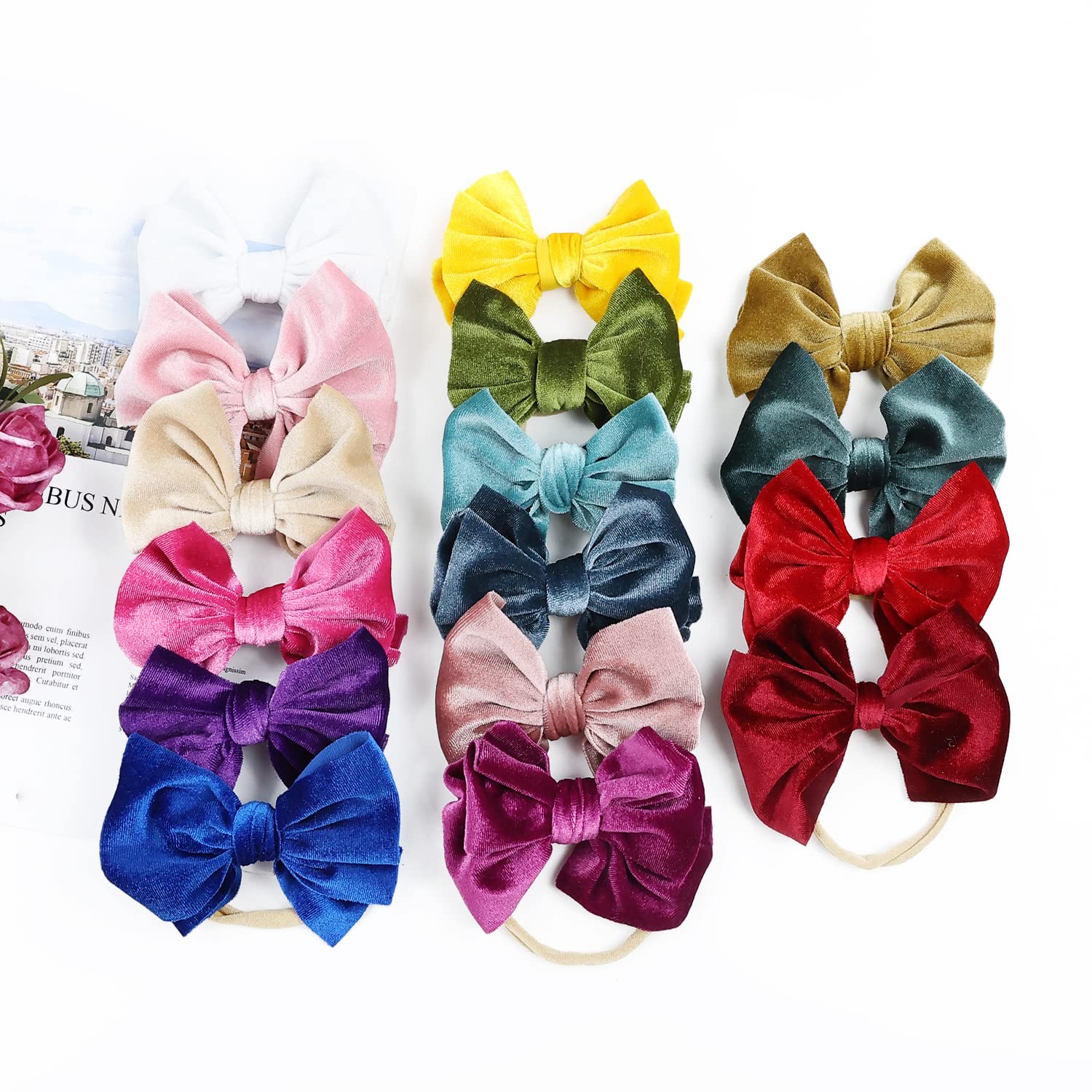 Cinaci 16 Pack Super Stretchy Thin Slim Nylon Headbands with Big Velvet Solid Knot Bow Hair Bands Accessories for Baby Girls Newborns Infants Toddlers Kids